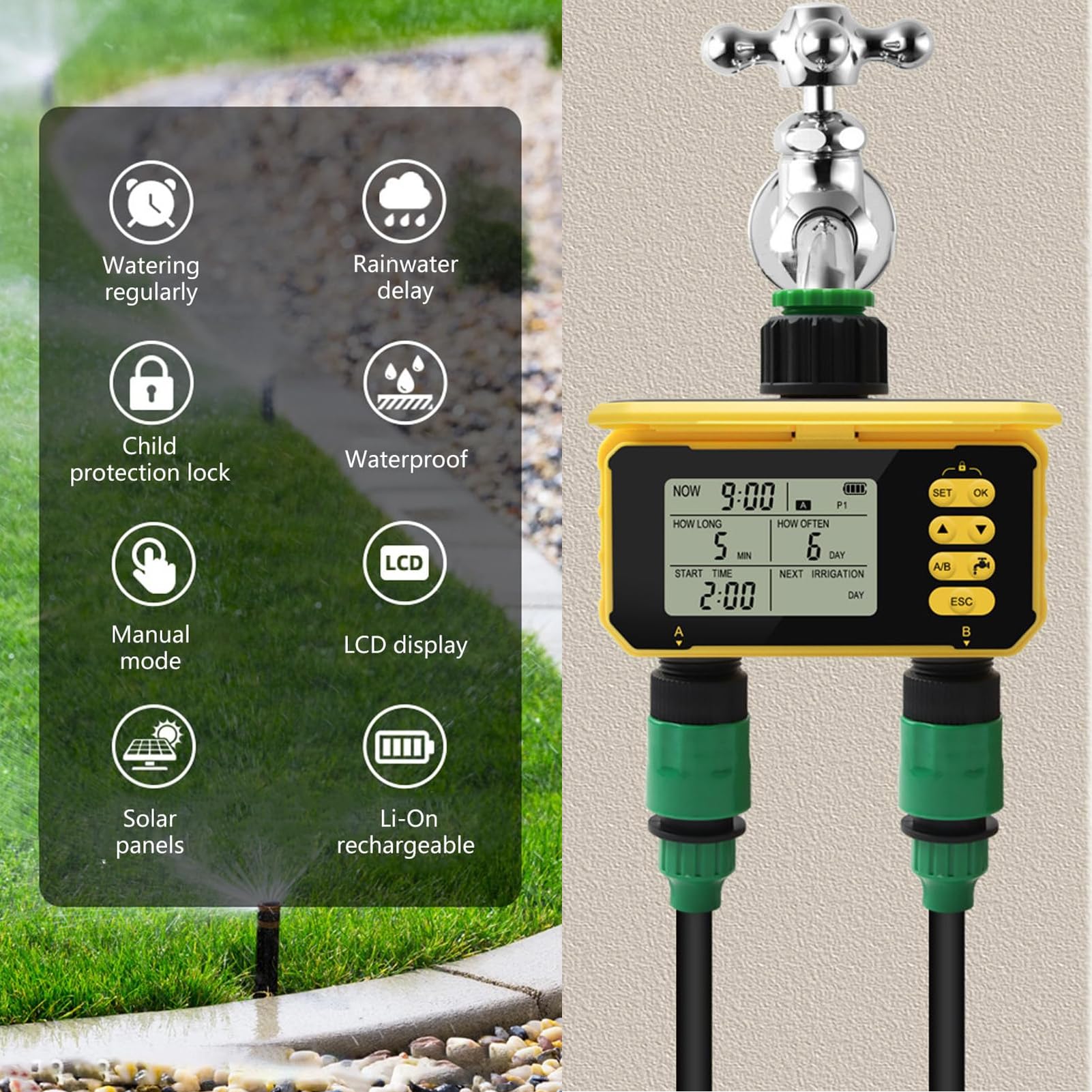 Fockety Inteligentny WiFi Water Timer, 2-strefowy zewnętrzny solarny WiFi Sprinkler Timer do węża ogrodowego z opóźnieniem deszczu, ręczne/automatyczne podlewanie