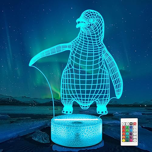 Ammonite Luz nocturna de pingüino, lámpara 3D de ilusión 3D, lámpara de animales para niños, 16 colores que cambian con control remoto y