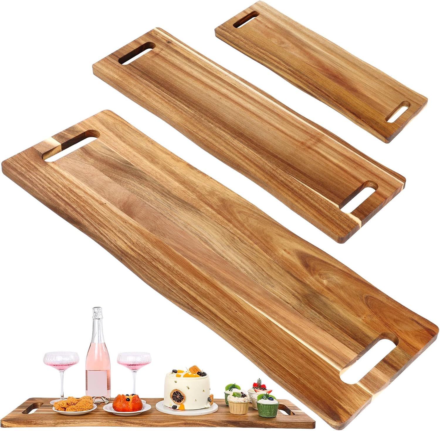 Baderke 3 Pcs 36 x 12inch, 27 x 6inch, 20 x 6inch Large Rectangular Charcuterie Board with Handles Wood Serving Tray Board Acacia Wooden Cheese Platter for Meat Food Party Appetizers Fruits Display