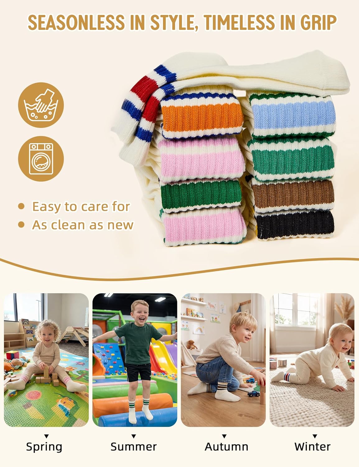 Durio Toddler Grip Socks for Boys - Soft Cotton Blend Non Slip Socks with Grip Dots, Retro Stripe Sporty Baby Crew Sock Girls - Image 5