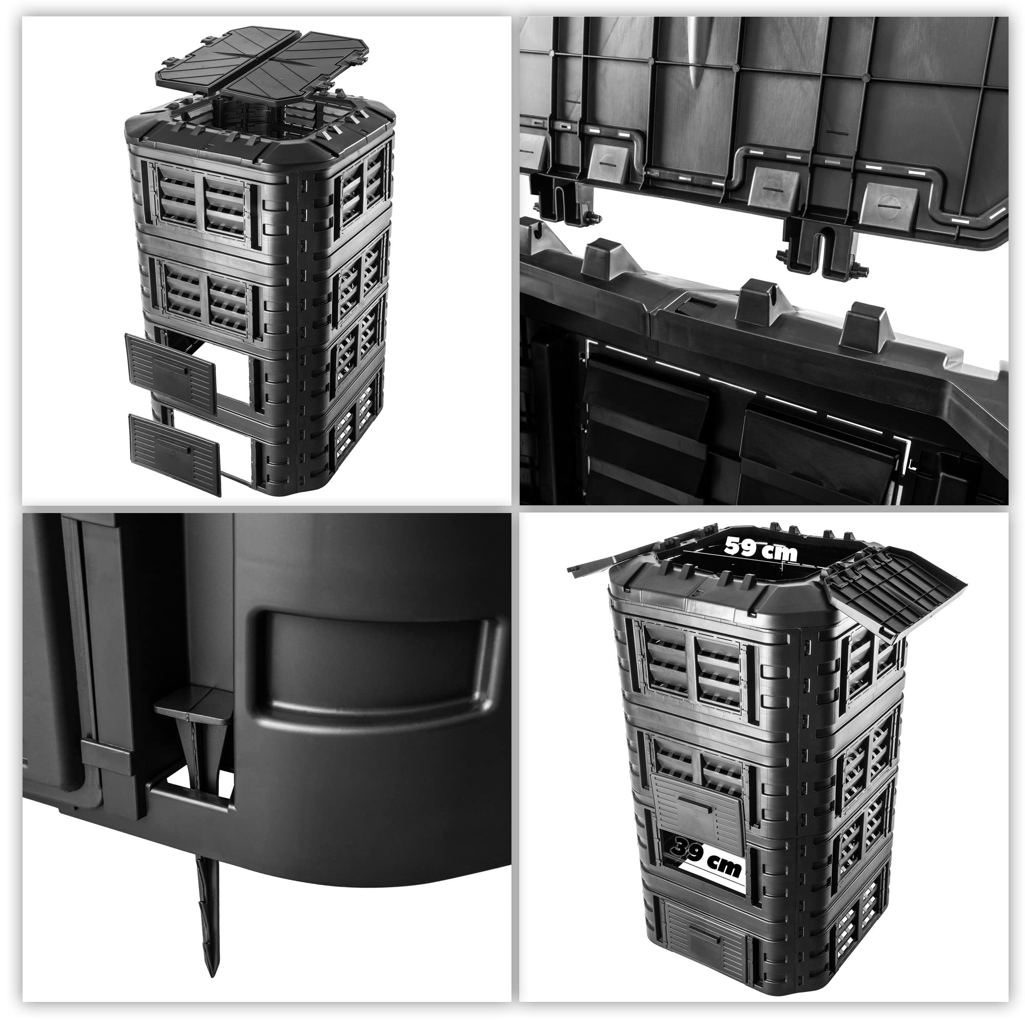 KADAX Compostador de plástico rápido, compostador con botones a presión, compostador térmico negro con tapa plegable (1260 L)