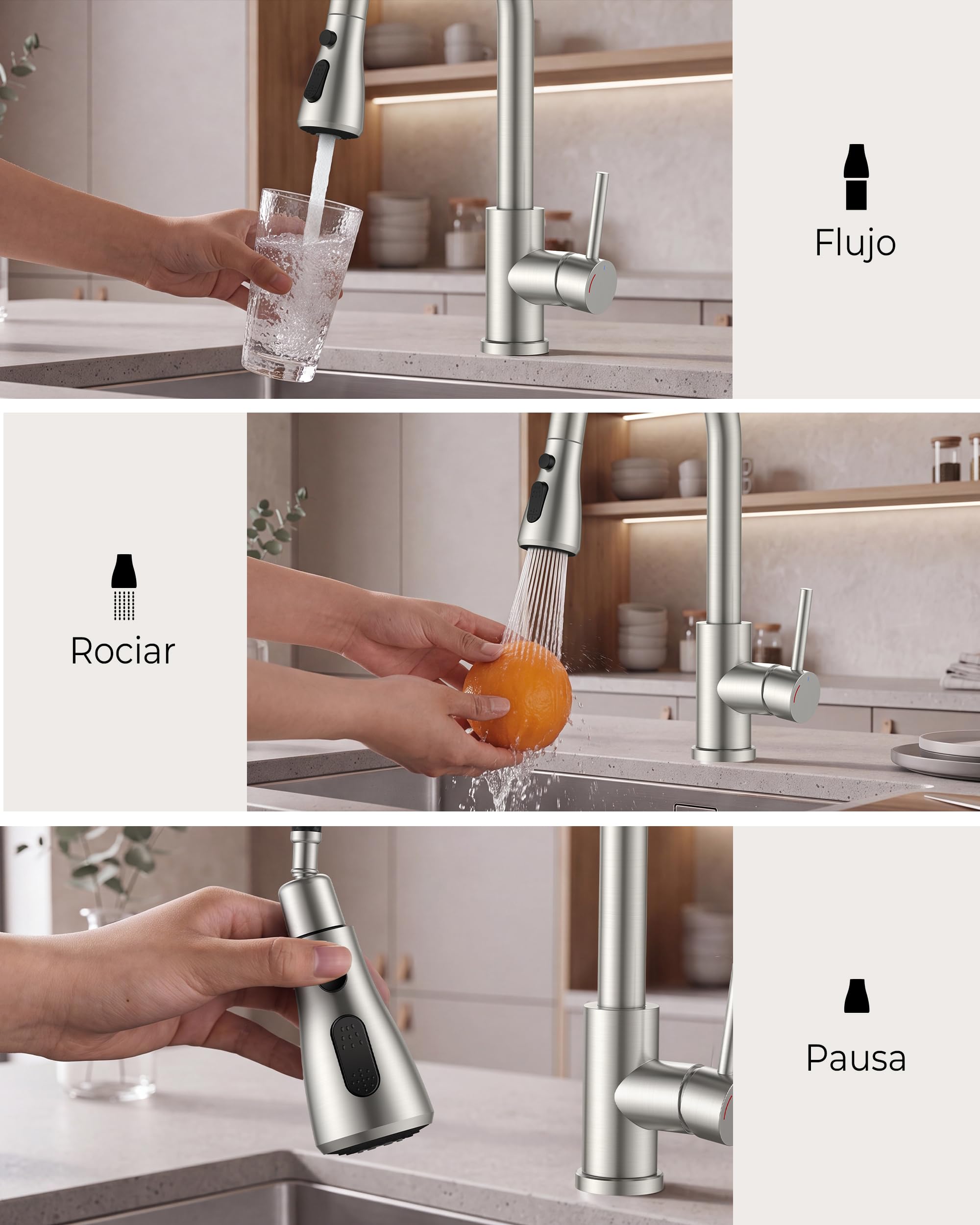 FORIOUS Grifo Cocina Extraíble Baja Presión, 2 Modos de Agua, Grifo Cocina Fregadero con 3 Conexiones para Calentador o Bajo Fregadero, Giro 360°, Acero Inoxidable, Palanca