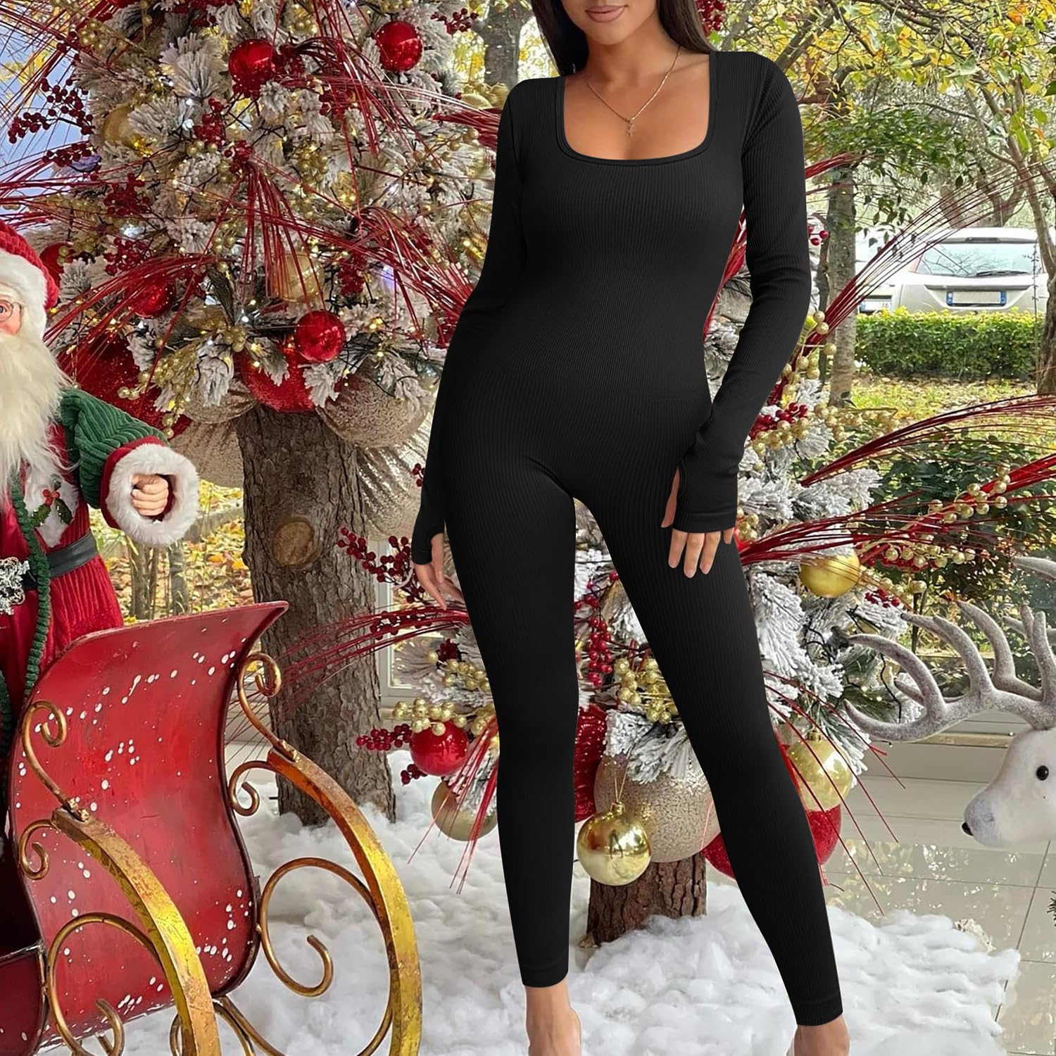 JN JANPRINT Overol de yoga para mujer, de una pieza, acanalado, cuello cuadrado, manga larga, bodycon, ropa deportiva, mameluco, mameluco
