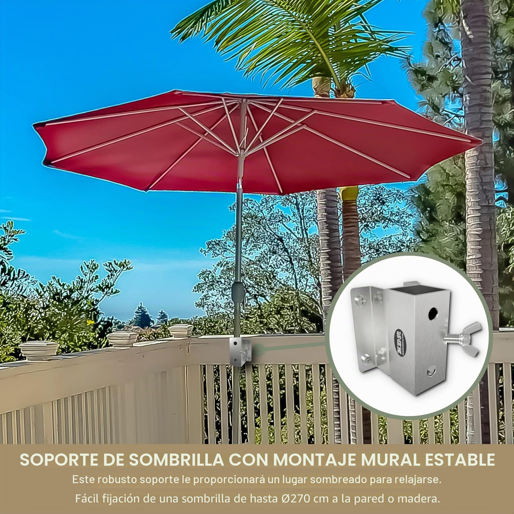 Soporte de acero inoxidable para sombrilla de pared en el balcón Soporte de pared para sombrilla de 270 cm cuadrado estable soporte de pared fijación segura de la placa de pared a la pared