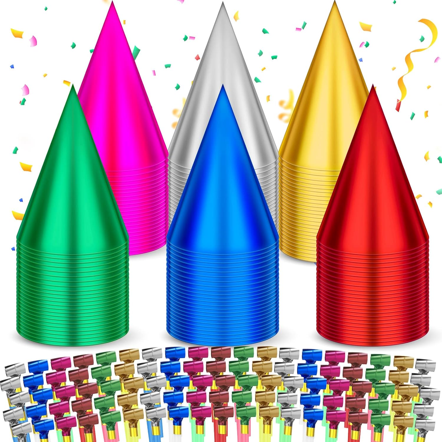 Sotiff 200 Pcs Birthday Party Hats and Blowers Set Colorful Cone Metallic Foil Hat Noisemaker for Kids Adults Birthday Party(Classical Color)