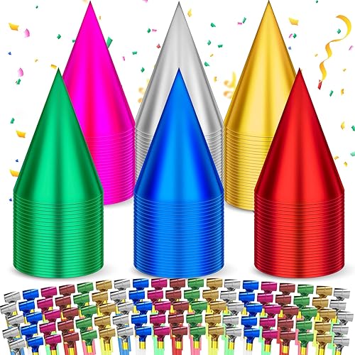 Juego de 200 sombreros coloridos para fiesta de cumpleaños y sopladores de fiesta, sombreros de fiesta de cono, cuernos de papel metálico, sombreros