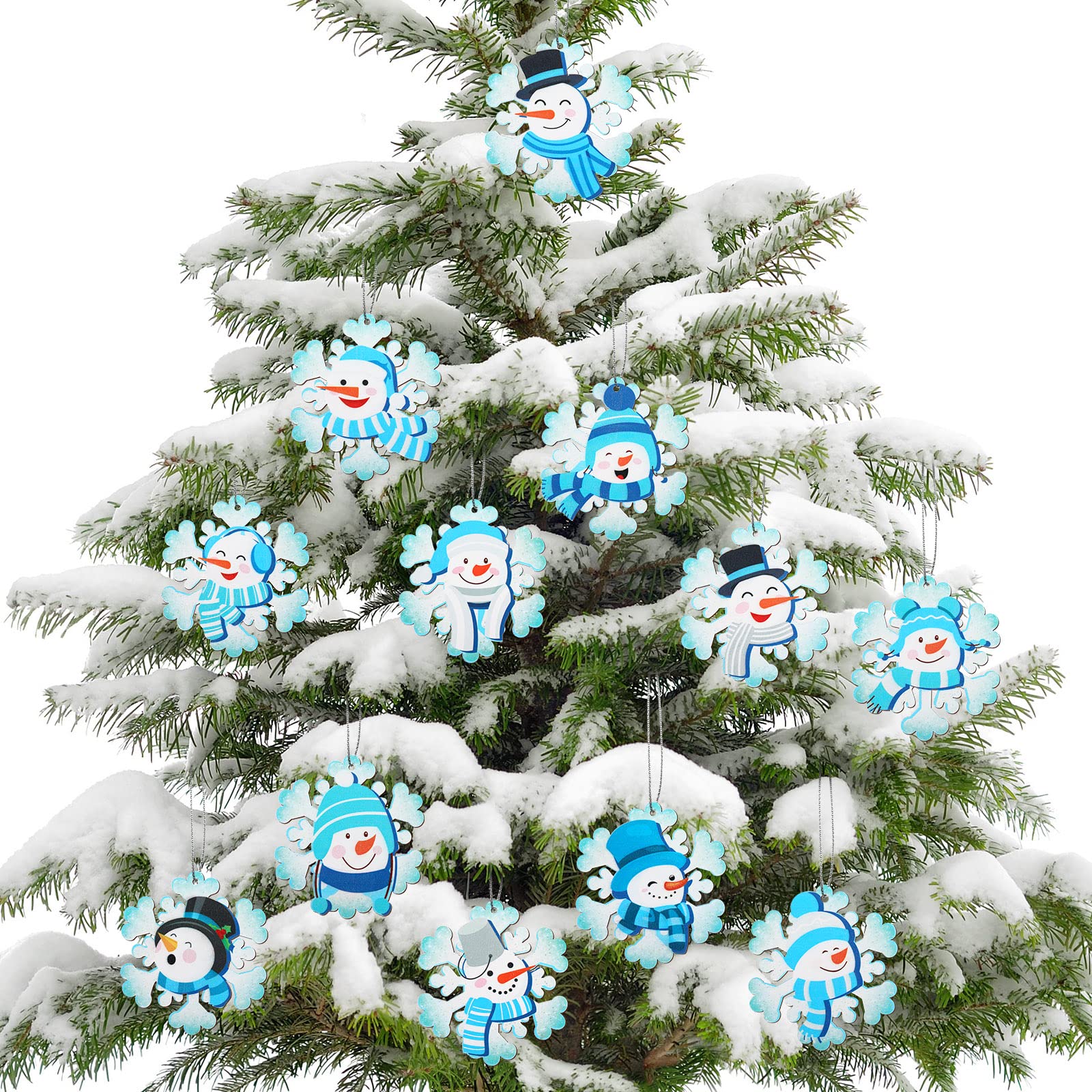 24 Stück Winter Schneeflocke Schneemann Hängende Ornamente Winter Schneemann Handwerk Holz Schneeflocke Ornamente Schneeflocke Dekorative Handwerk Baum Holzscheiben mit Seilen für Weihnachtsbaum