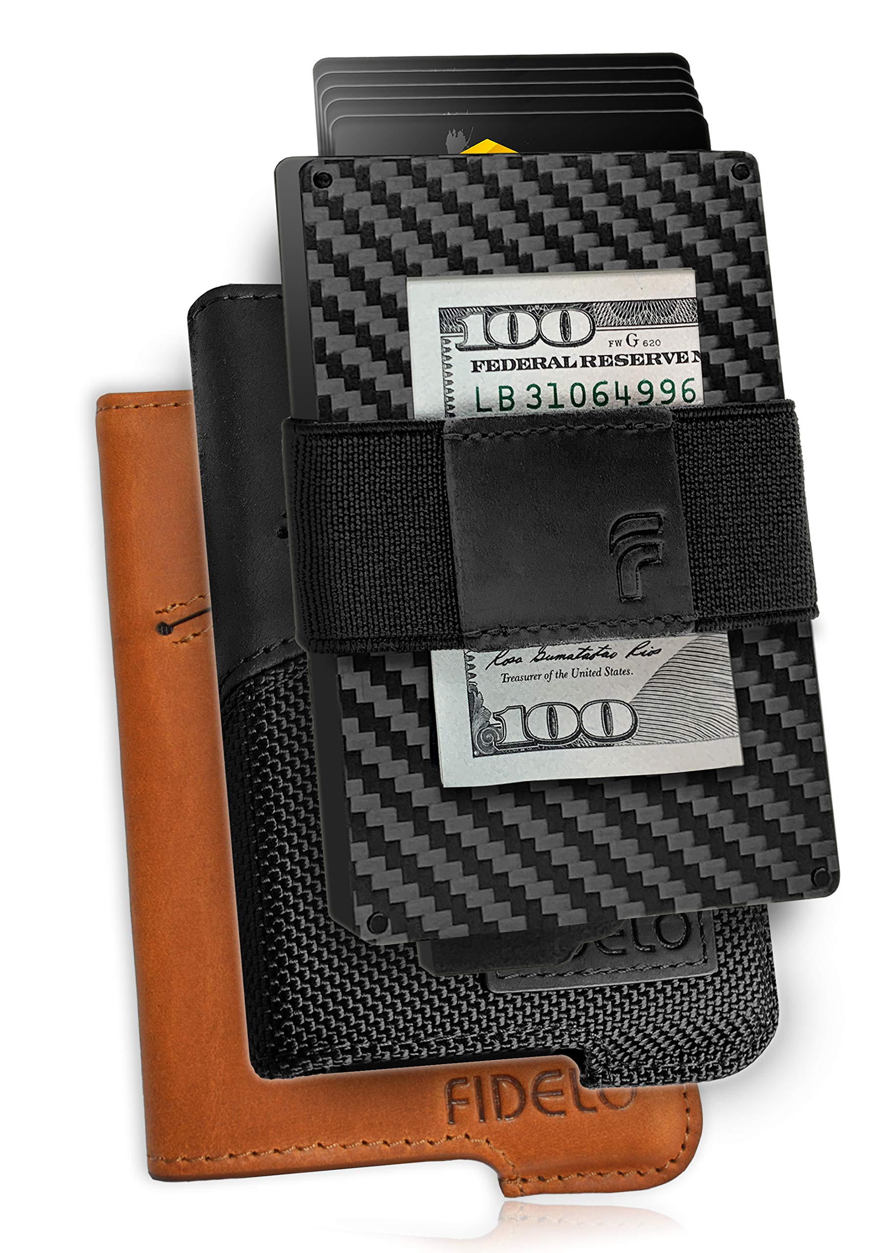 Fidelo Minimalist Wallet for Men - Hybrid 3k Carbon Fiber Wallet + Magnetic Clip Nylon & Leather Case + Desert Tan Removable Leather Case