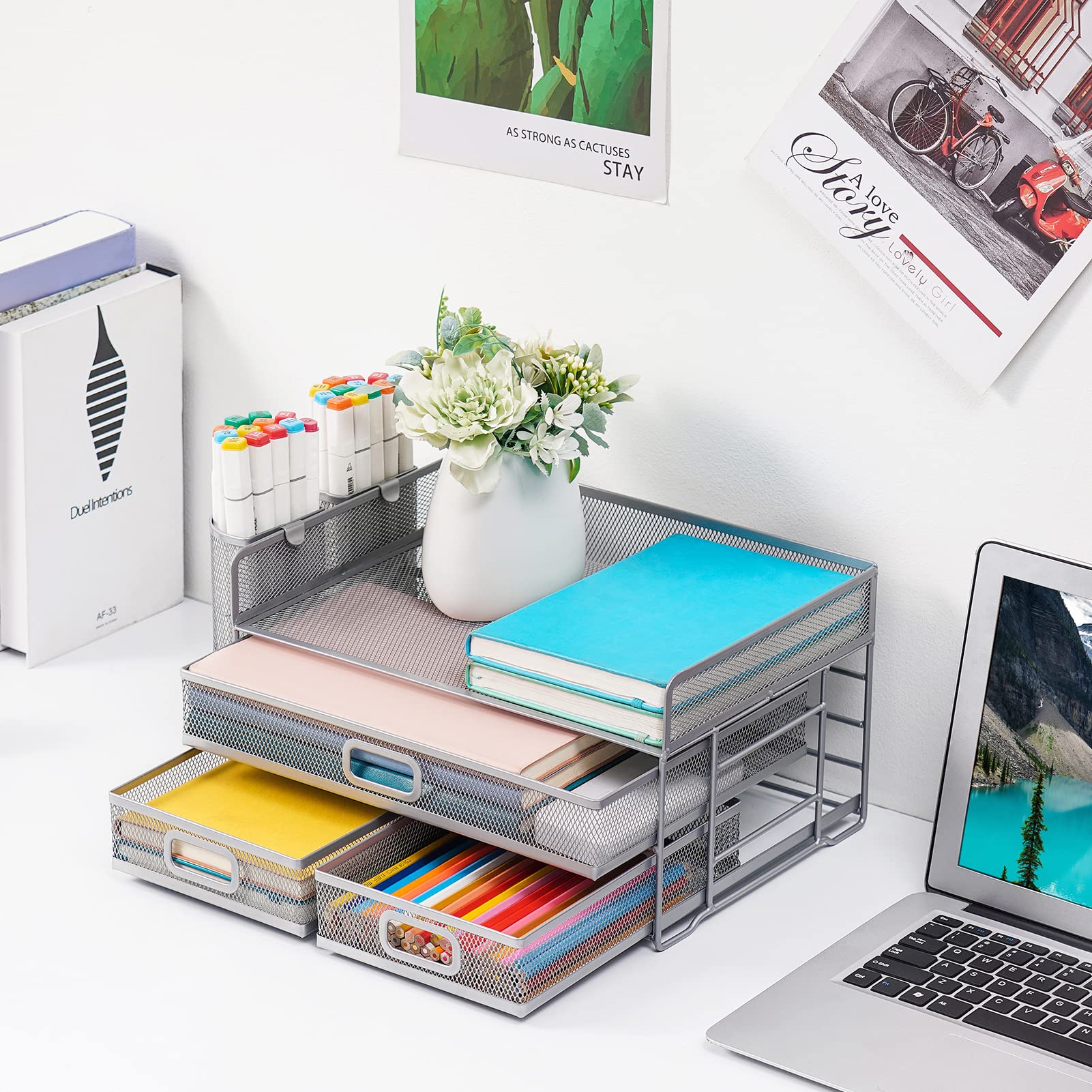 Marbrasse Organizer da scrivania a 3 ripiani in rete con cassetto, organizer multifunzione da scrivania e accessori, organizer per lettere di carta con 2 portapenne, per forniture per casa e ufficio,
