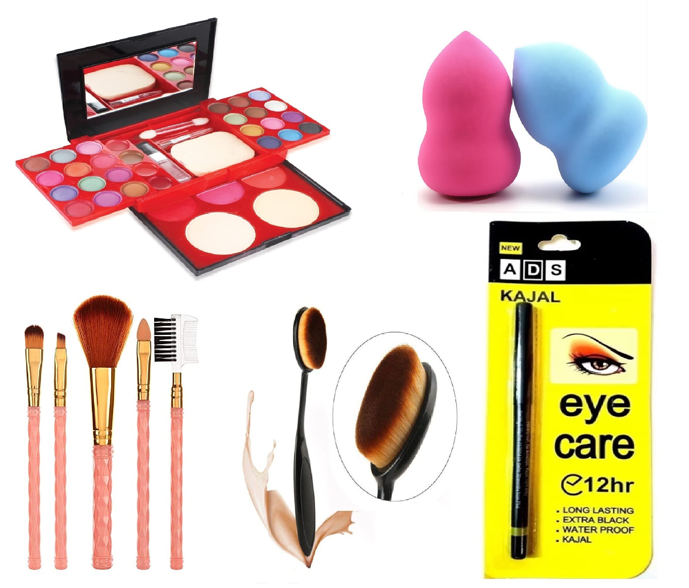 Glavon makeup Artist Professional Kit + 5 Pcs Makeup Brushes Set + 2 Pcs Beauty Blender + ADS Eye Care Waterproof Kajal Pencil + Foundation Brush Oval - [Sharing Pack of 10 Items]