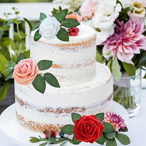 Miniatura 31 de Winlyn 50 rosas rojas de tacto real con tallos y hojas de seda, flores artificiales a granel para bodas, centros de mesa, arreglos florales