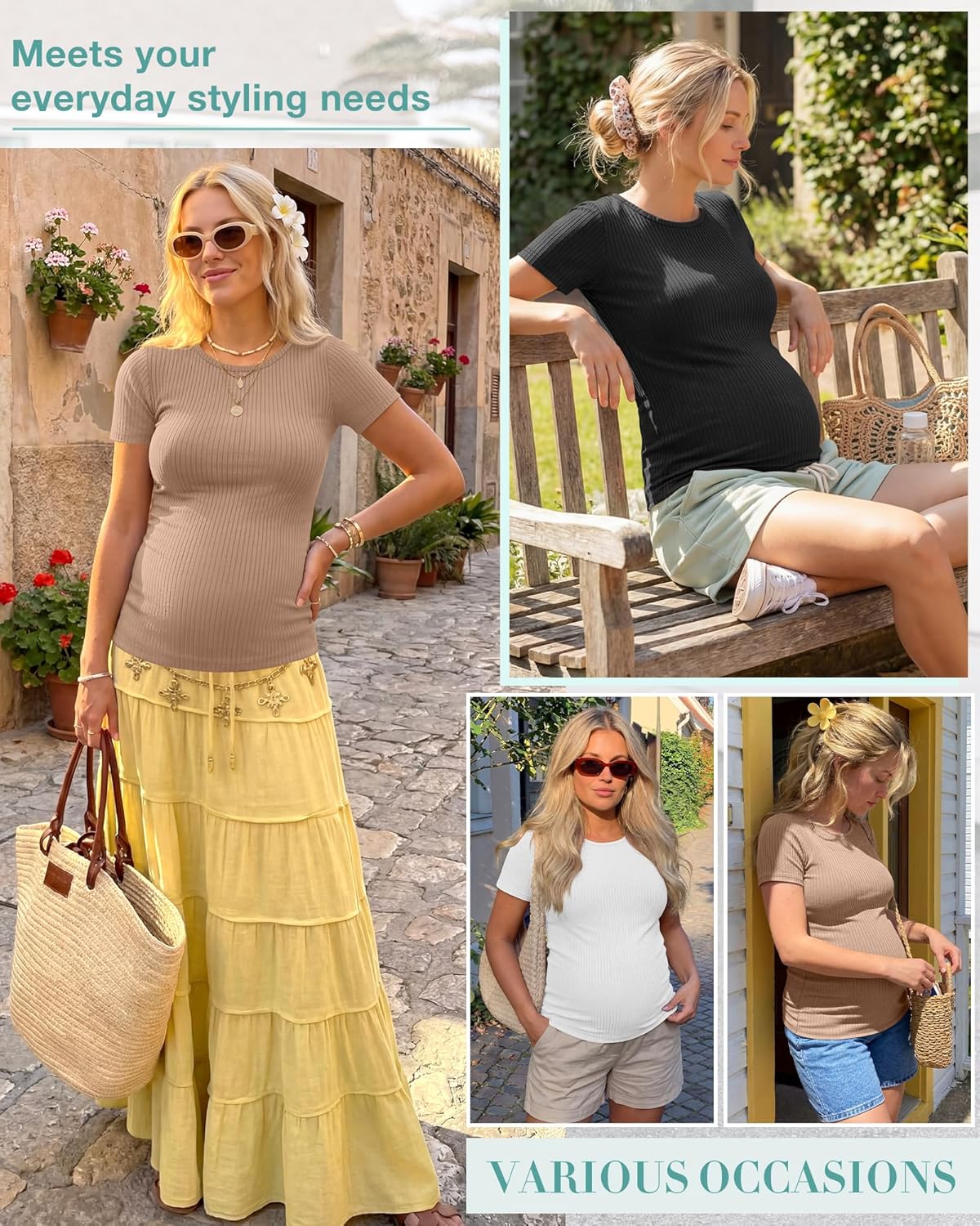 Ficerd 3 Pack Women's Maternity Shirts Short Sleeve Ribbed Pregnancy Tops Crew Neck Basic Tees Summer Mama Clothes - Image 4