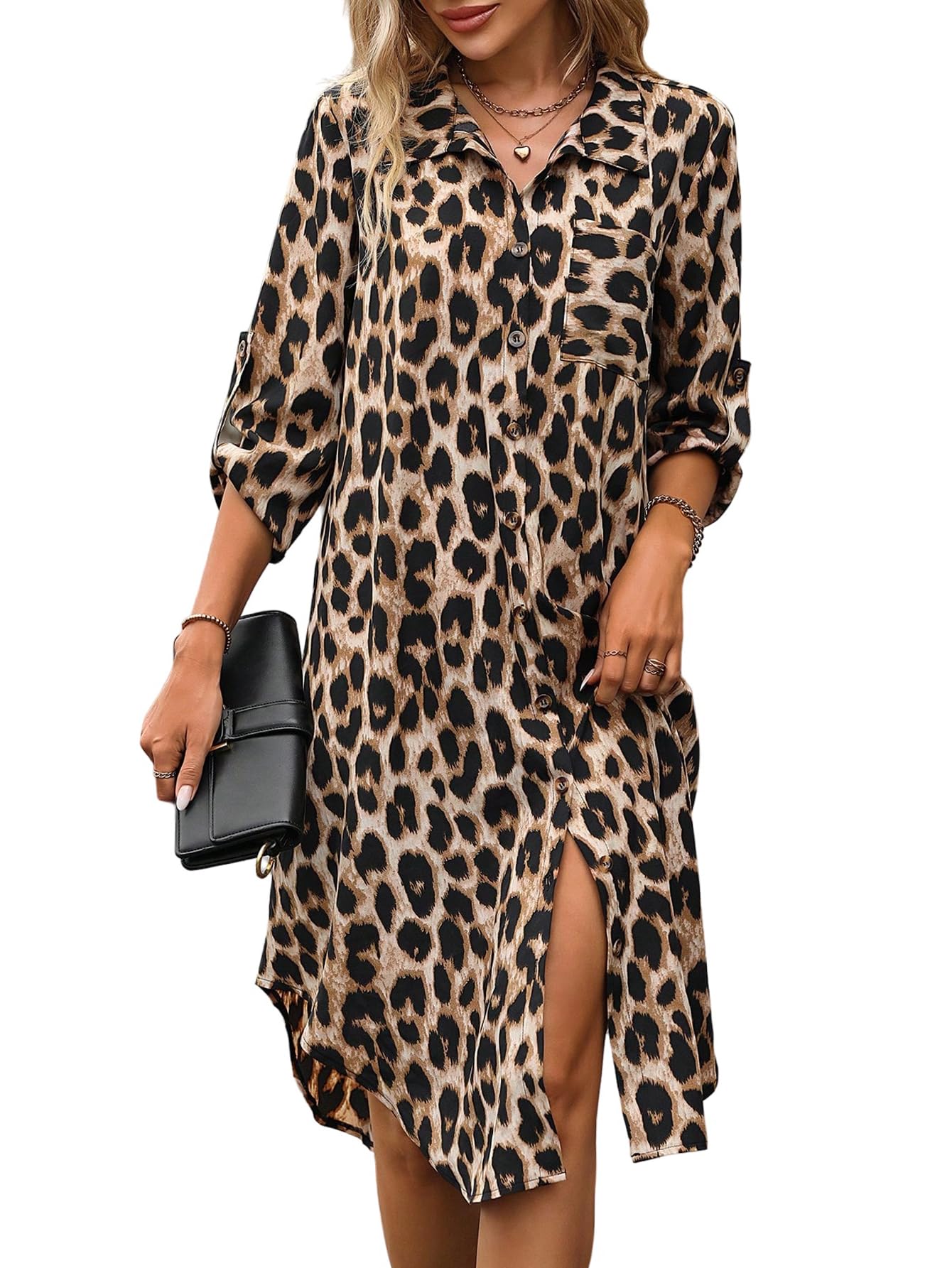 SweatyRocks Hemdblusenkleid Damen Langarm Knielang Elegantes Leoparden Kleid Blusenkleid Herbstkleid Langes Leo Kleid Tunikakleid Mit Tasche
