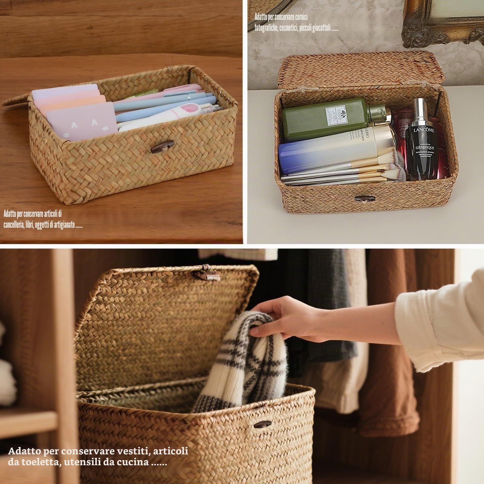 3 Pezzi Cestino in Rattan con Coperchio, Cestini da Scaffale in Seagrass Naturale, Scatola Portaoggetti Rettangolare Multiuso Scatole Organizer per Bagno Cucina e Soggiorno