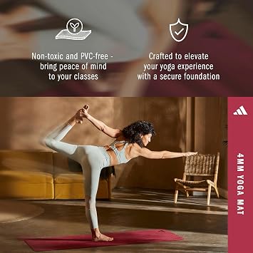 Adidas Yoga Mat 4 mm – Yoga Mat Does Not Contain PVC From 50% Recycled Material – Anti-Slip and Textured Surface (176 x 61 cm) Perfect for Yoga Grip