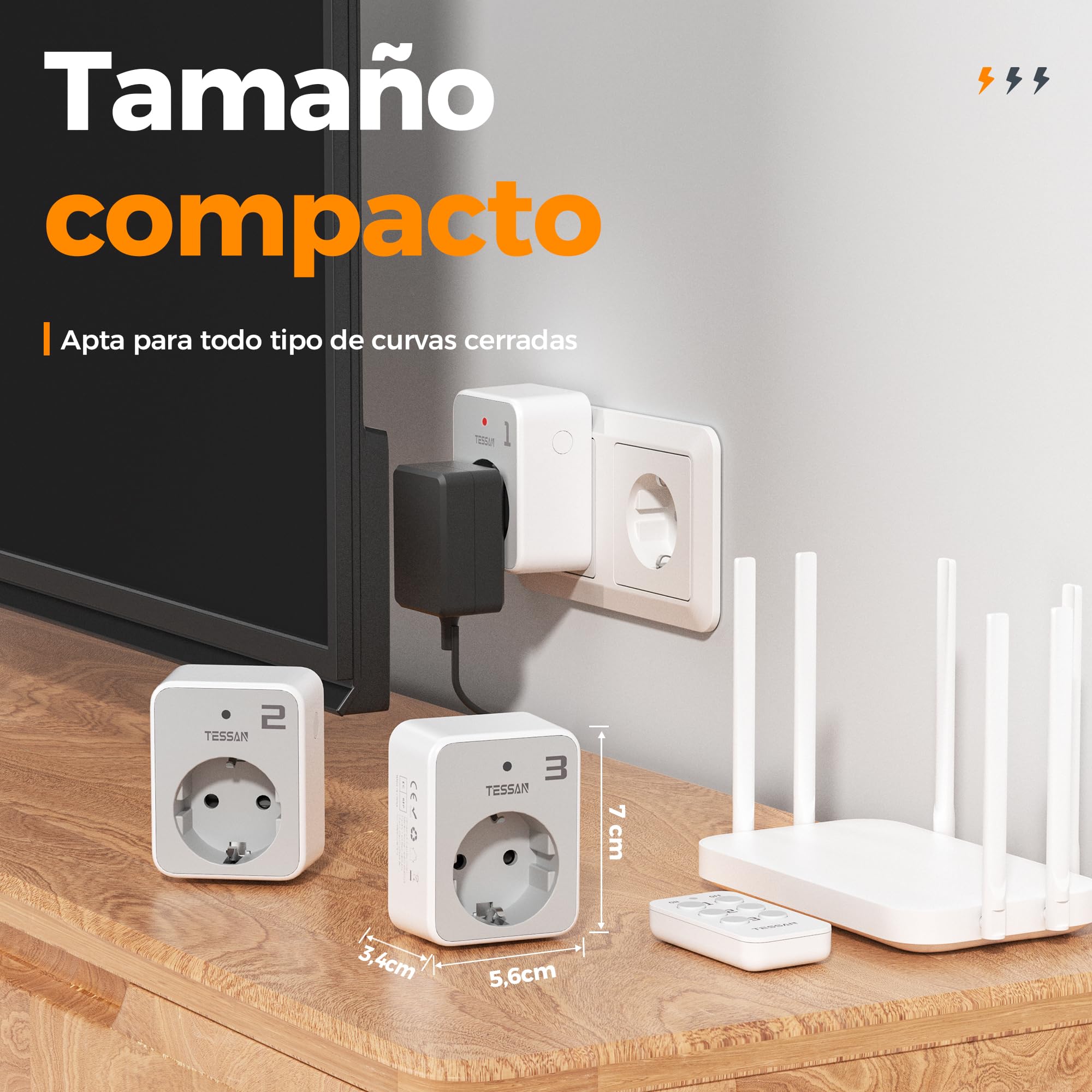 TESSAN Kit de Enchufe con Mando a Distancia | 3 Enchufe Programable con 1 Mando a Distancia, Alcance de 30,5M, para Adornos, Electrodomésticos y Lámparas, 3600 W, Gris
