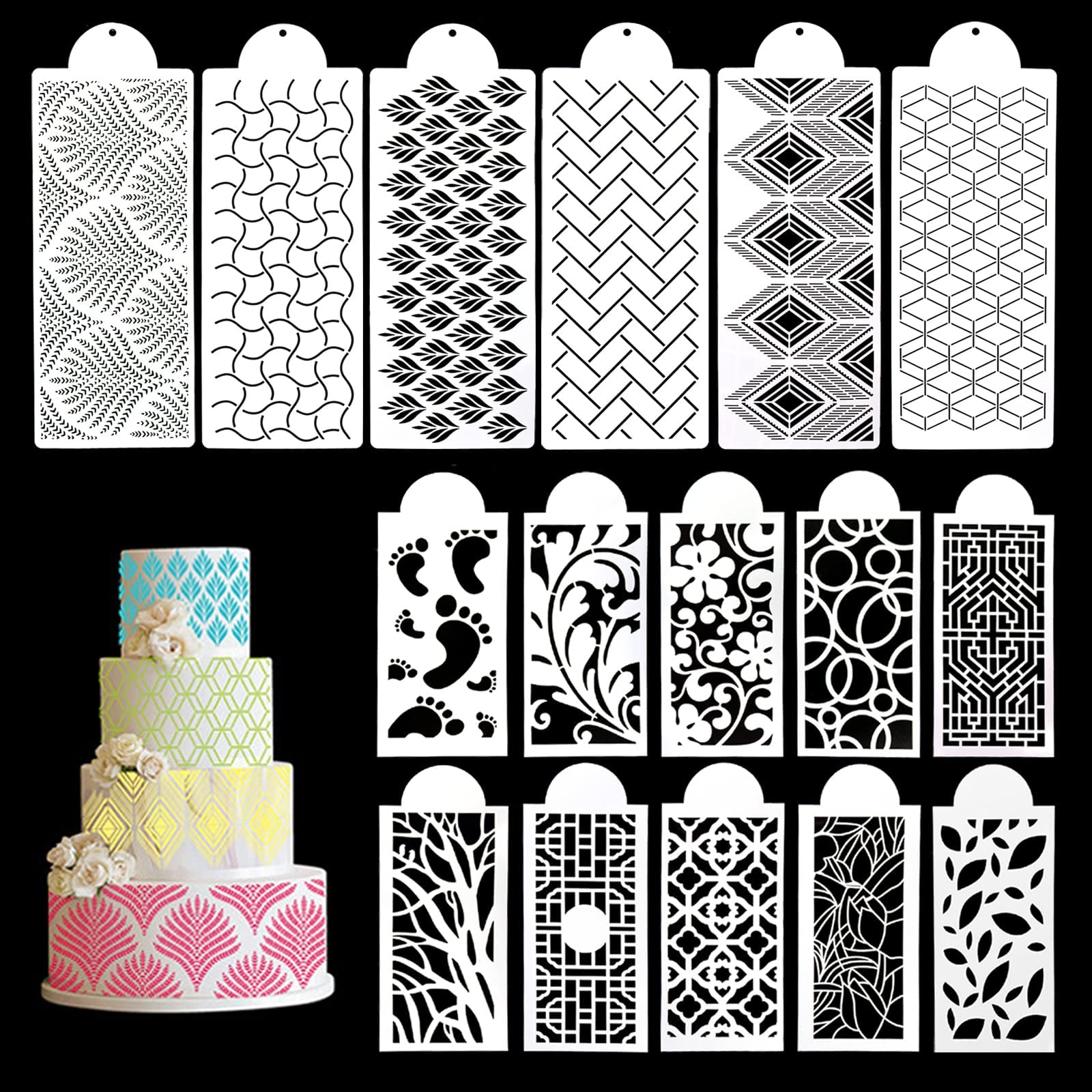 Cake Decorating Stencils, 16PCS Templates for Buttercream Lace and Geometric Icing - Fine Hollow Molds and Side Baking Mesh for Printing