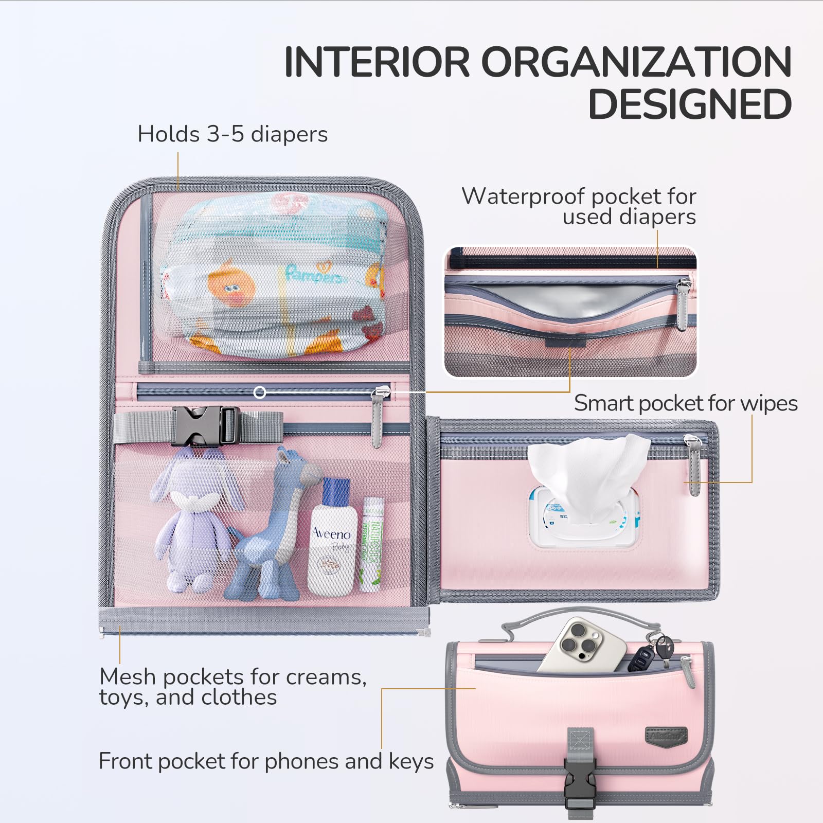 Cambiador de pañales portátil con correa para el hombro, cambiador de viaje desmontable con bolsillo para toallitas de bebé, regalos para baby shower, niñas y niños recién nacidos (rosa)
