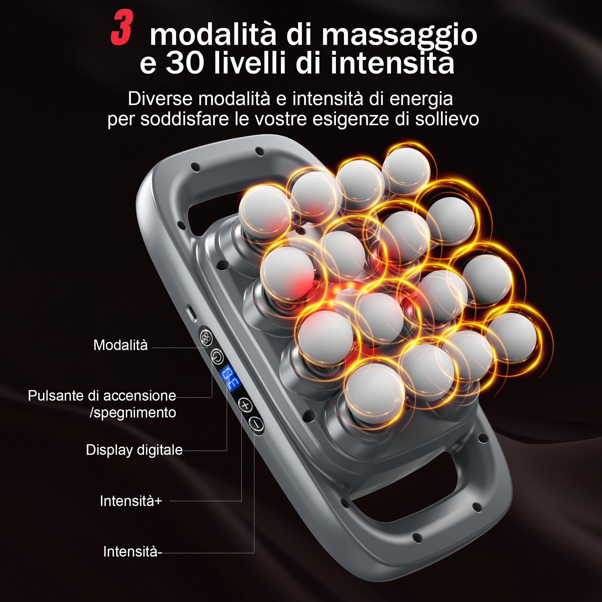 Pistola Massaggio Muscolare a 16 Testine, con 3 Modalità e 30 Velocità Regolabili, Massaggiatore con Luce Rossa per Alleviare la Tensione Muscolare e L'affaticamento per Schiena, Gambe