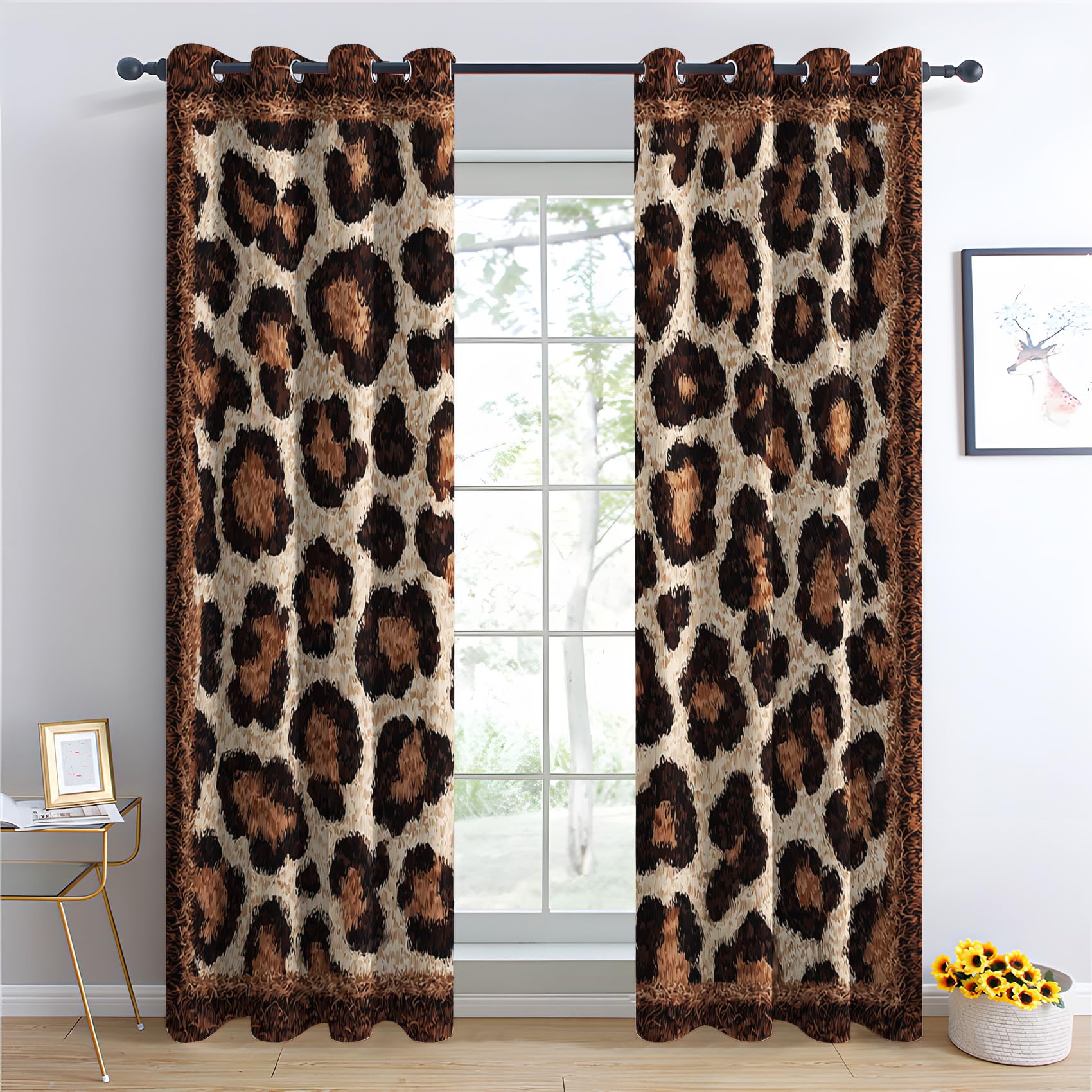 Venivici Leopard Print Blackout Curtains for Bedroom Living Room - 84 Inch Drop Curtains Eyelet, Brown Cheetah Print Patterned Window Treatments, Thermal Insulated Drapes 52x84 2 Panels