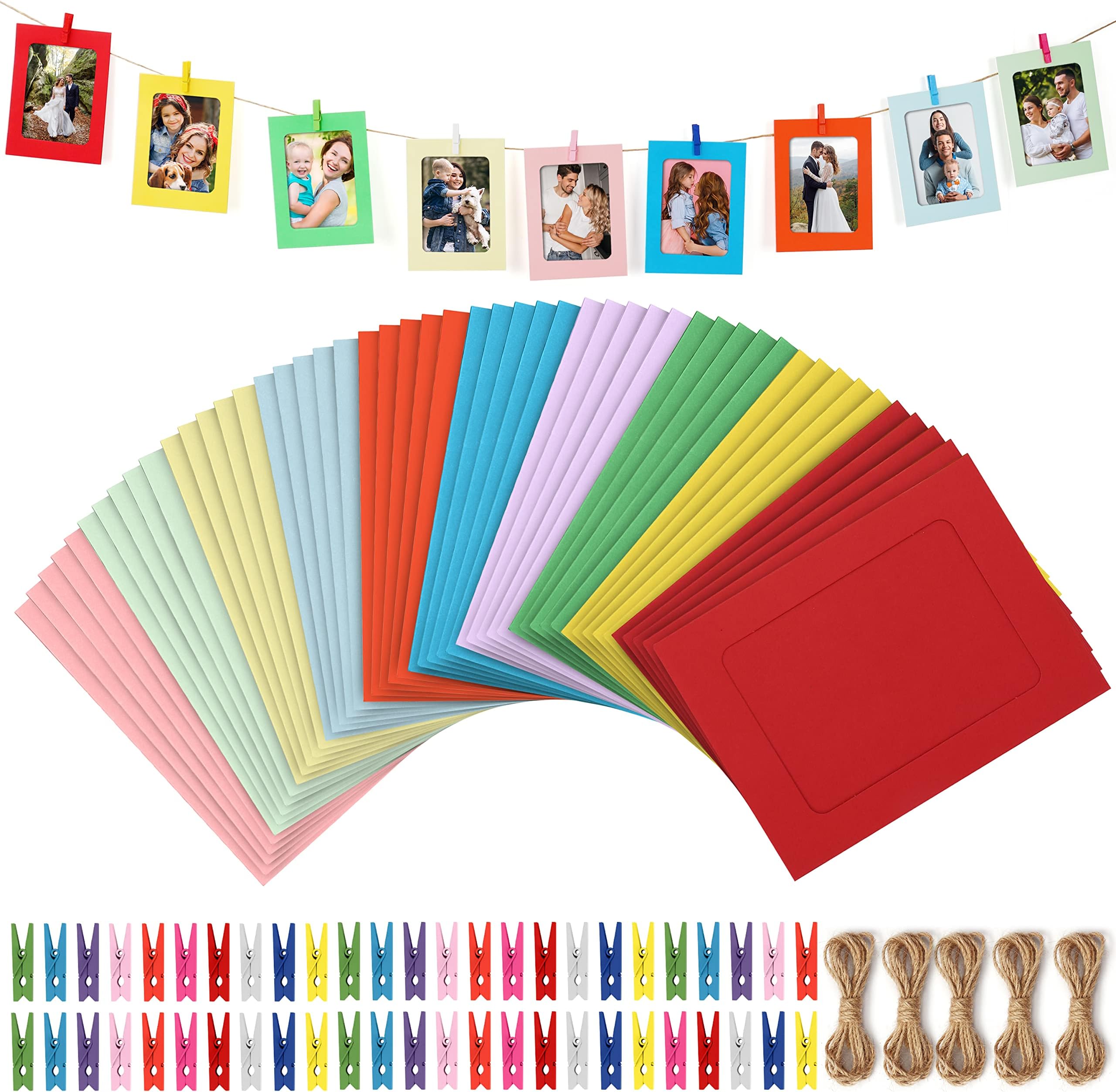 BELLE VOUS 50 Pack Paper Photo Frames with Hanging Rope & Clips - 4 x 6 inches (10 Colours) - DIY Hanging Album Picture Frames for Home, School, Office or Party Wall Decoration