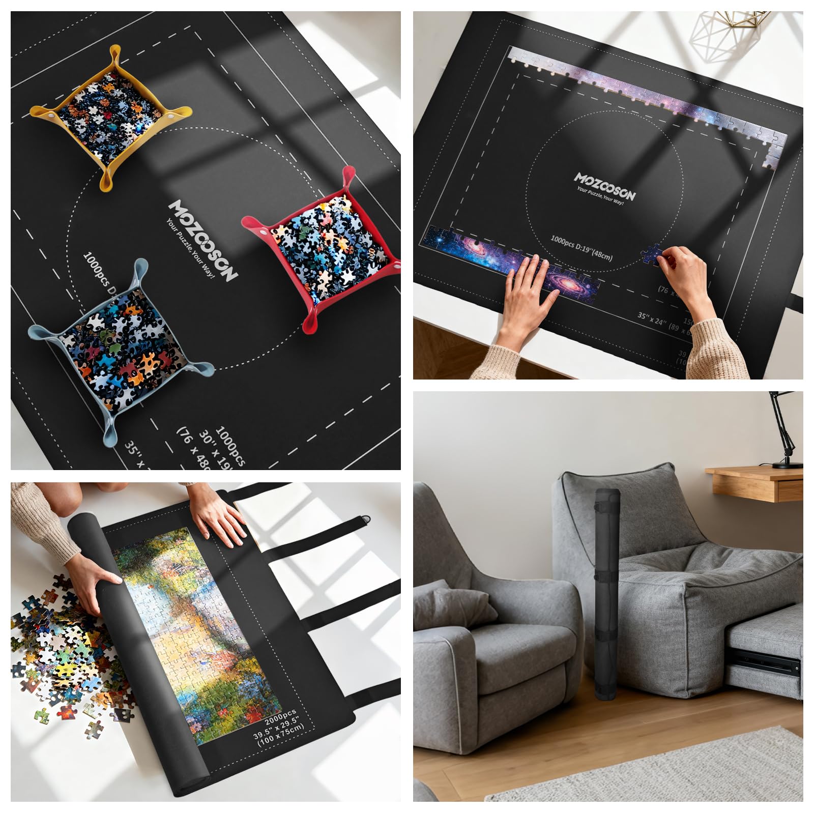MOZOOSON Zwijana mata do puzzli 3000 sztuk - gumowa mata 95 x 150 cm - z 8 tacami i pudełkiem prezentowym, do puzzli 1000, 1500, 2000, 3000 sztuk