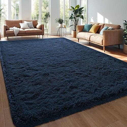 Miniatura 8 de Alfombras de área azul marino esponjosas para dormitorio, sala de estar, alfombras peludas de interior de 5 x 8 pies, alfombra suave de felpa para