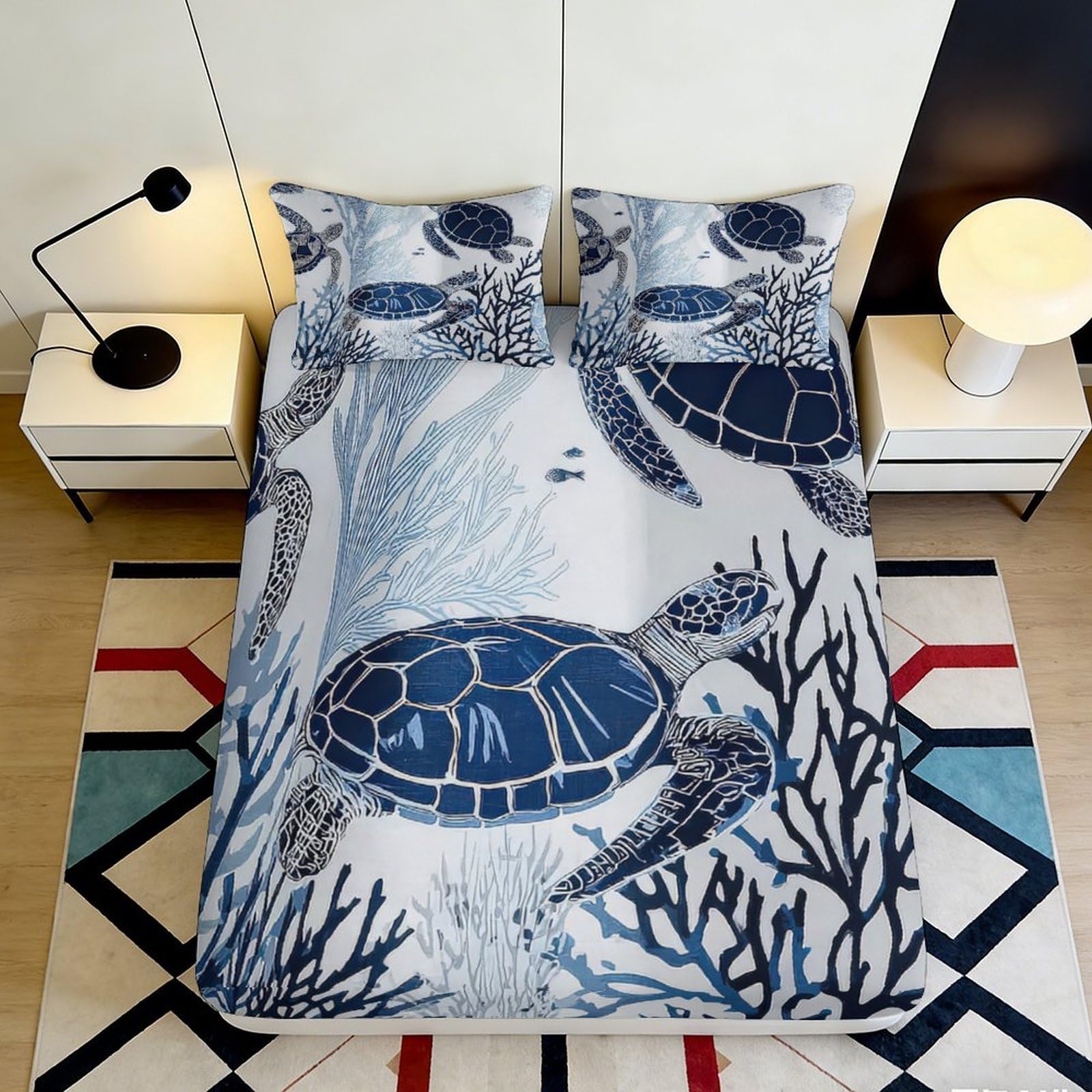 3D Printed Sea Turtle Fitted Sheet Microfiber Soft Breathable Coral Reef Bed Cover for Bedroom Dormitory Guest Room Mattress Protection 120x200x25cm