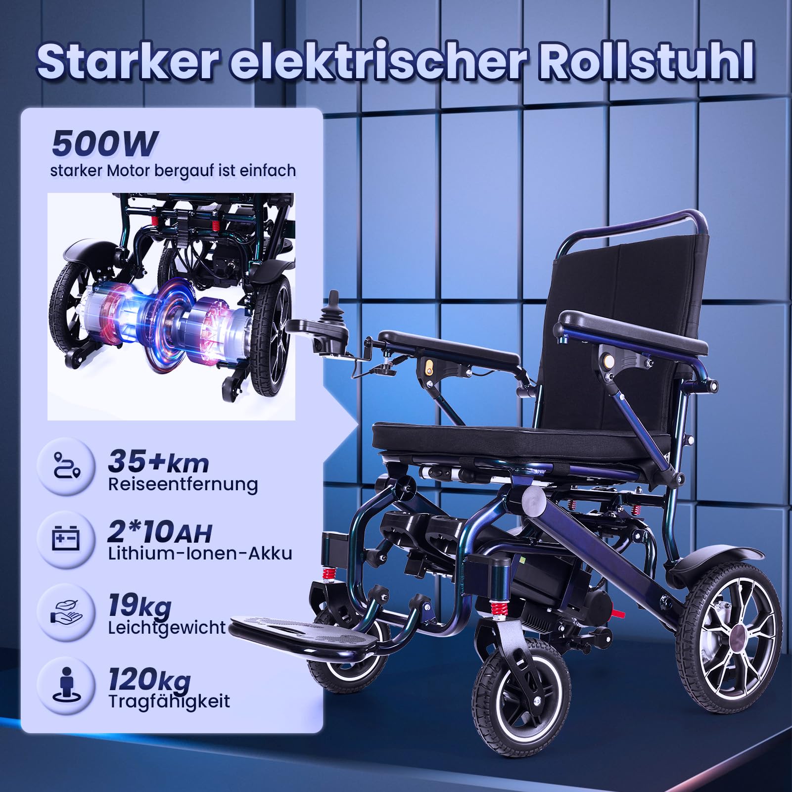 Nuovo colore gradiente sedie a rotelle elettriche, portata di 30 km con 2 batterie al litio, solo 19 kg, 500 W, sedia a rotelle elettrica pieghevole, Airline Approved, con manico telescopico e