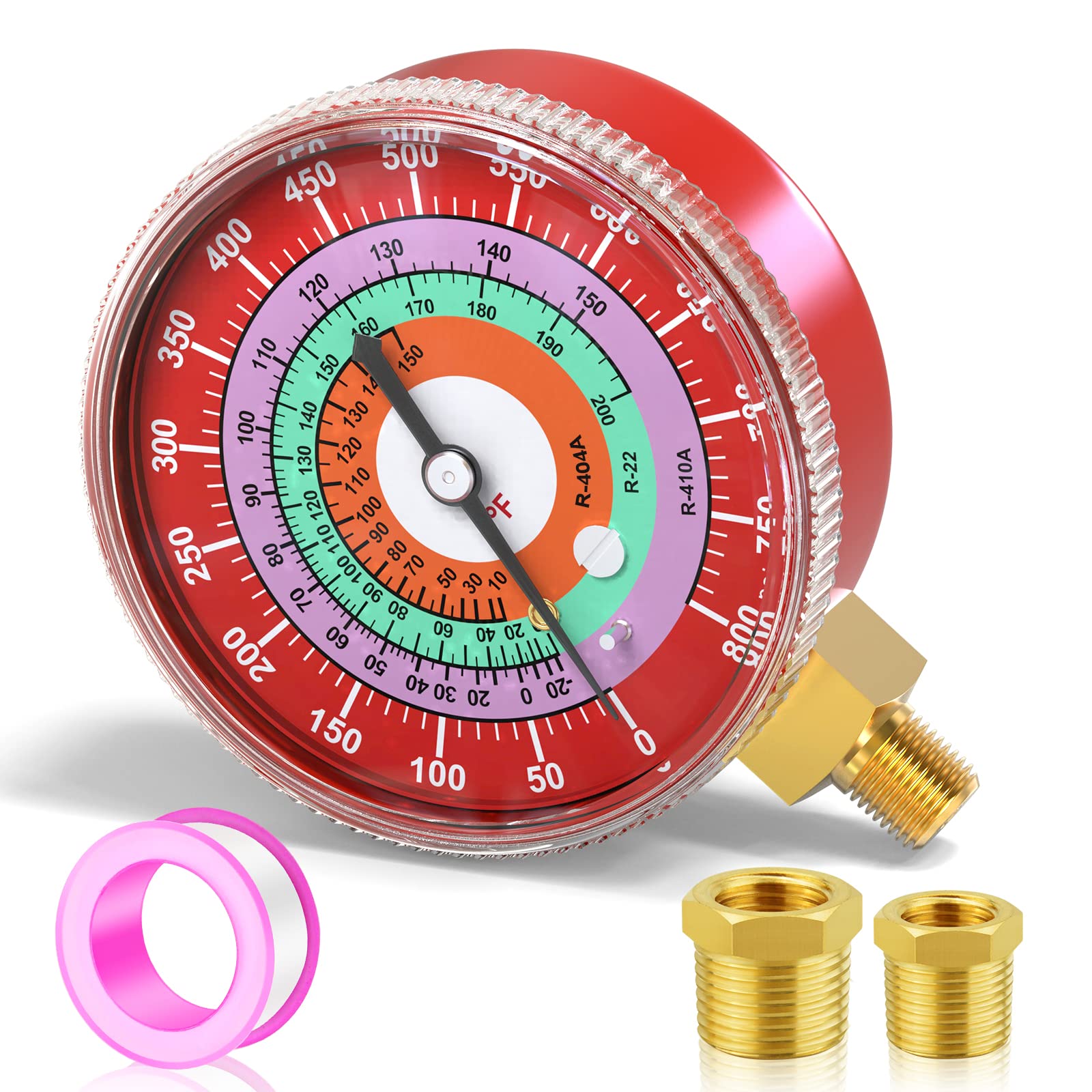 MEANLIN MEASURERefrigeration Pressure Gauge, 1/8”NPT, 0-800Psi, 2-3/4" Dial, R-404A, R-22, R-410A, Degree F, for Pressure Measuring on Refrigeration Fluid, Red Dial,Lower Mount