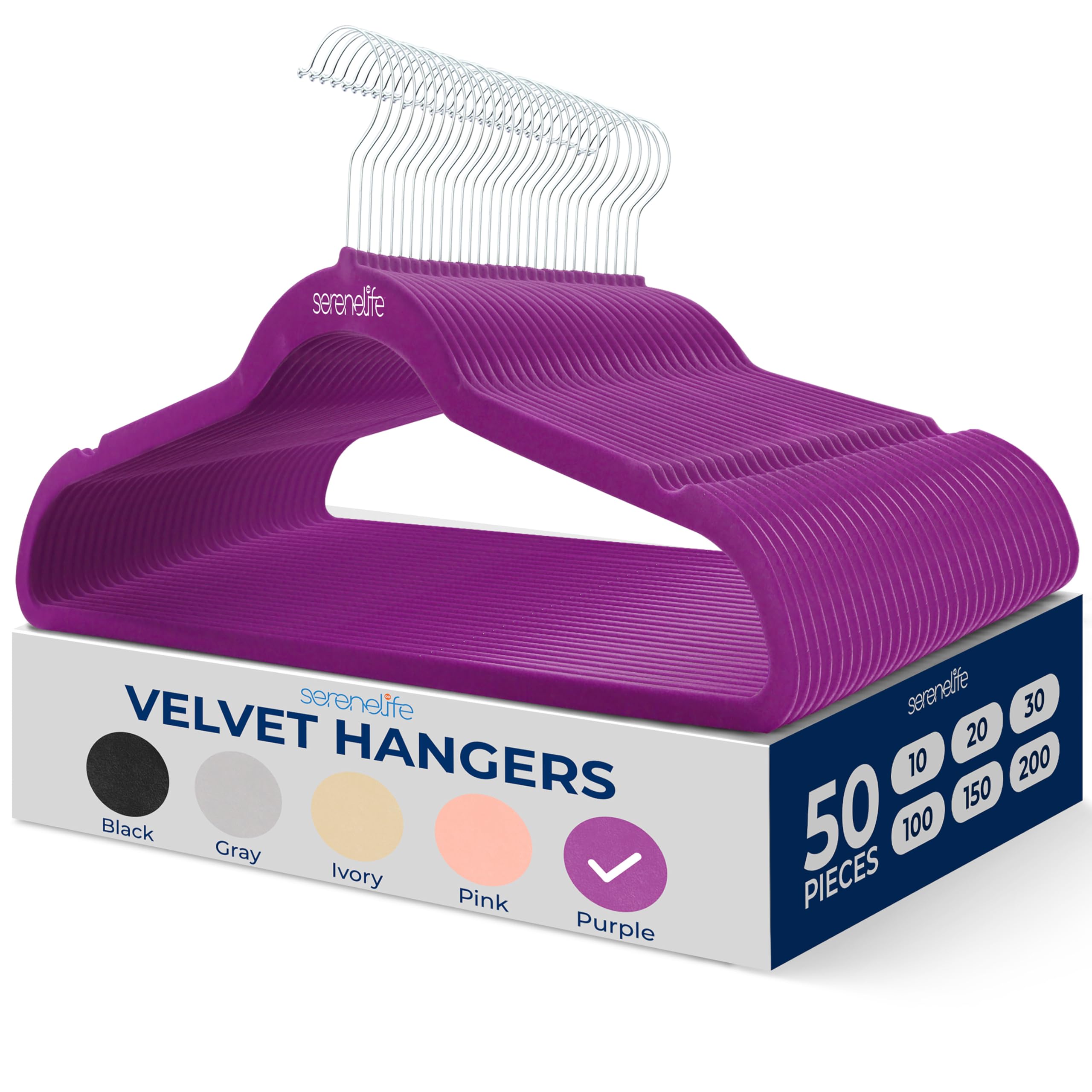 SereneLife Velvet Hangers 50 Pack - Space Saving Heavy Duty Slim Suit Clothes Hanger Set with 360 Degree Swivel Metal Hook, Can Hold Up to 10 Lbs. For Coats, Jackets, Pants & Dress (Purple)