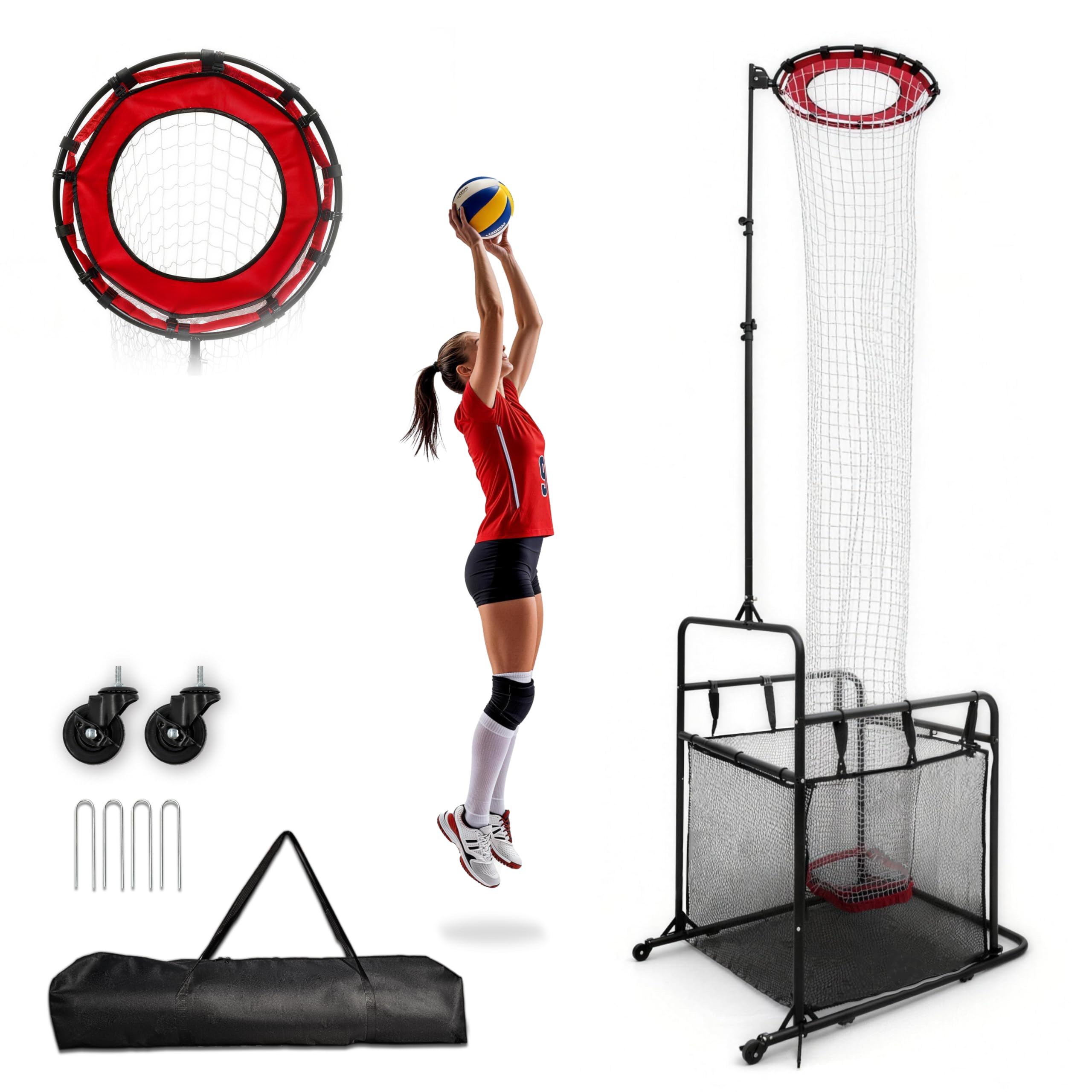 SCHENG-V Volleyball Setter Training Net, Adjustable Setter Volleyball Training Net with 2 Wheels, Height Adjustable 6.9–10.8 FT, 6-Angle Target Frame, Ball Collection Net for Indoor Outdoor Training