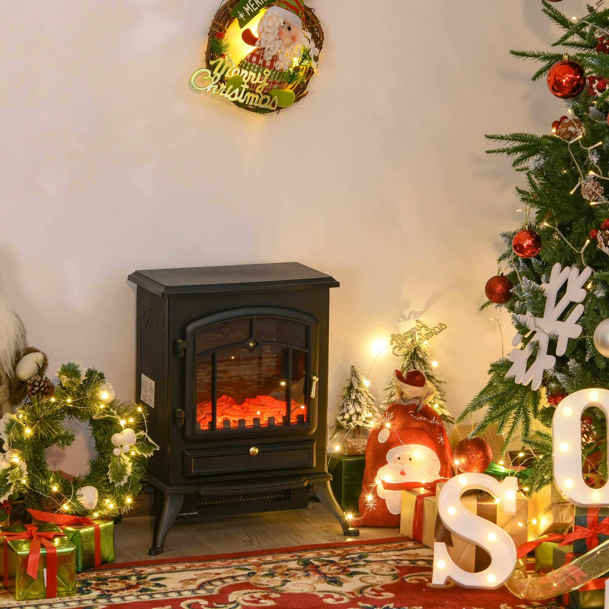 HOMCOM Chimenea Eléctrica Portátil 1000/2000W Chimenea Decorativa de Pie con Efecto de Llama Termostato y Protección contra Sobrecalentamiento para Sala 15-20 m² 45x28x54 cm Negro