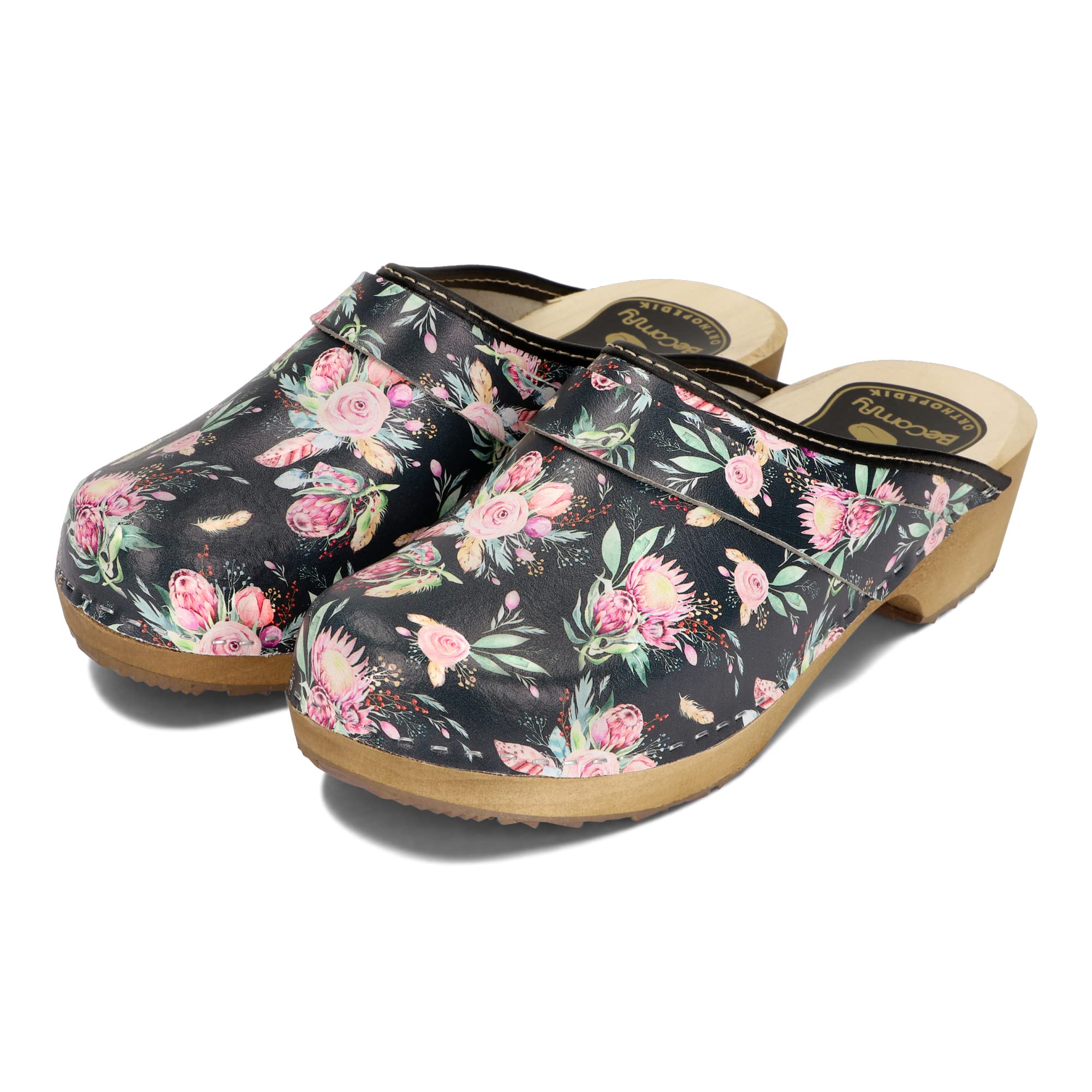 BeComfy Damen Holz Clogs Leder Clogs mit Holzsohle Echtleder Holzclogs Blumen Blau Weiß 35-41 EU