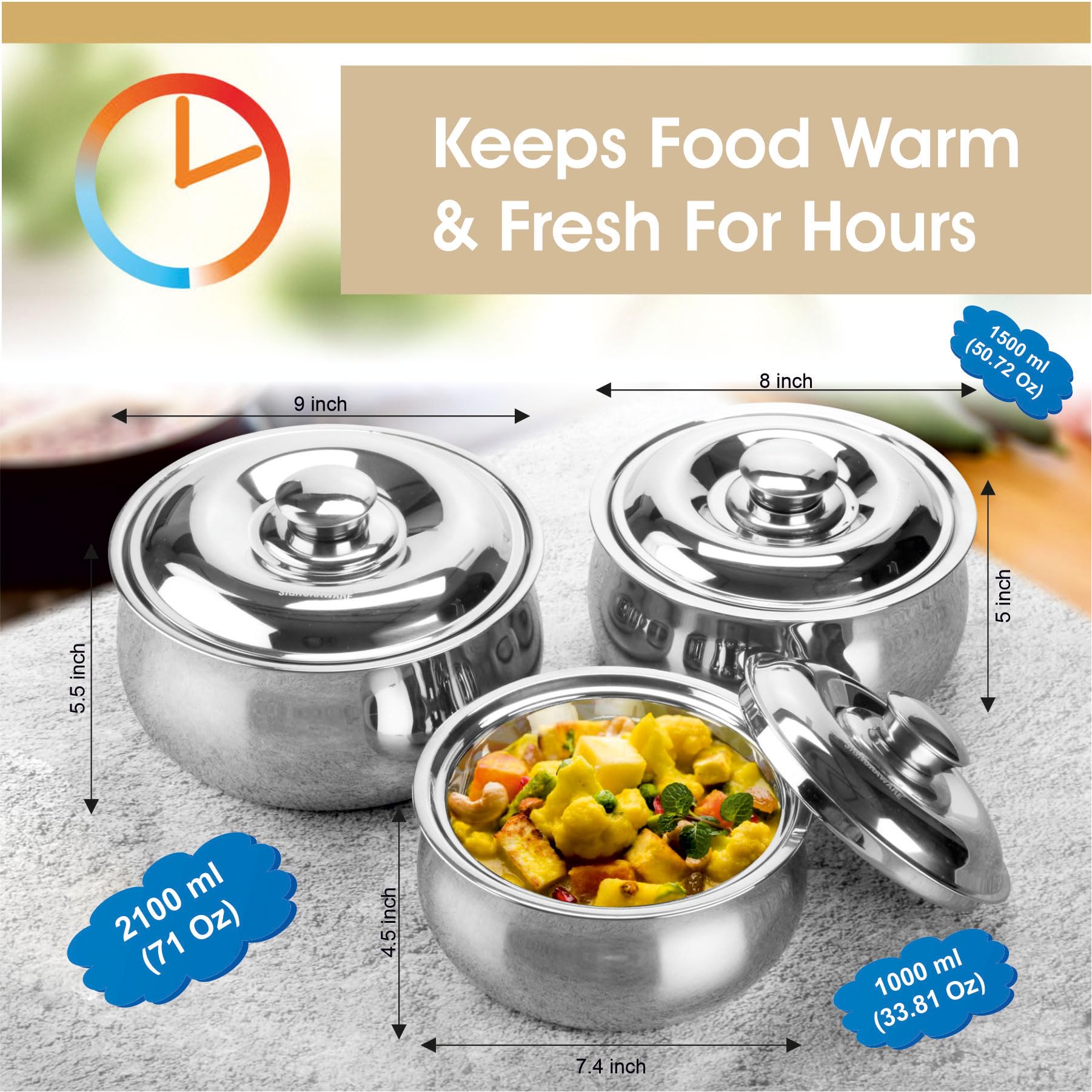 SIGNORA WARE Set di 3 grandi casseruole isolate con coperchio, in acciaio inox, per scaldavivande e insalata, contenitore termico per alimenti caldi, set regalo per mamme