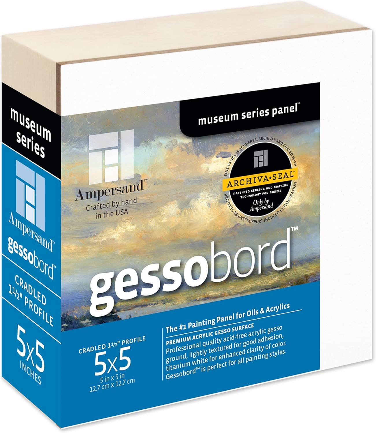 Ampersand Art Supply Gesso Wood Painting Panel: Museum Series Gessobord, 5 x 5, 1-1/2 Cradled Profile
