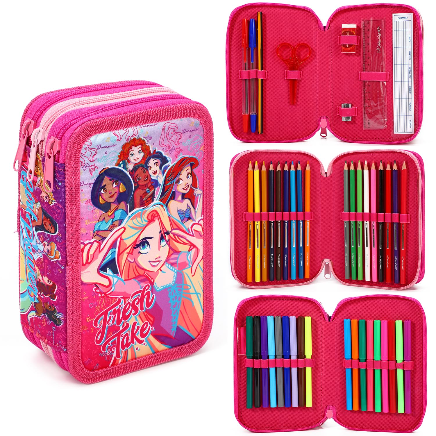 TDL Disney Princess Filled Pencil Case Large Full Stationery Set School Supplies for Kids 3 Tier with Pens