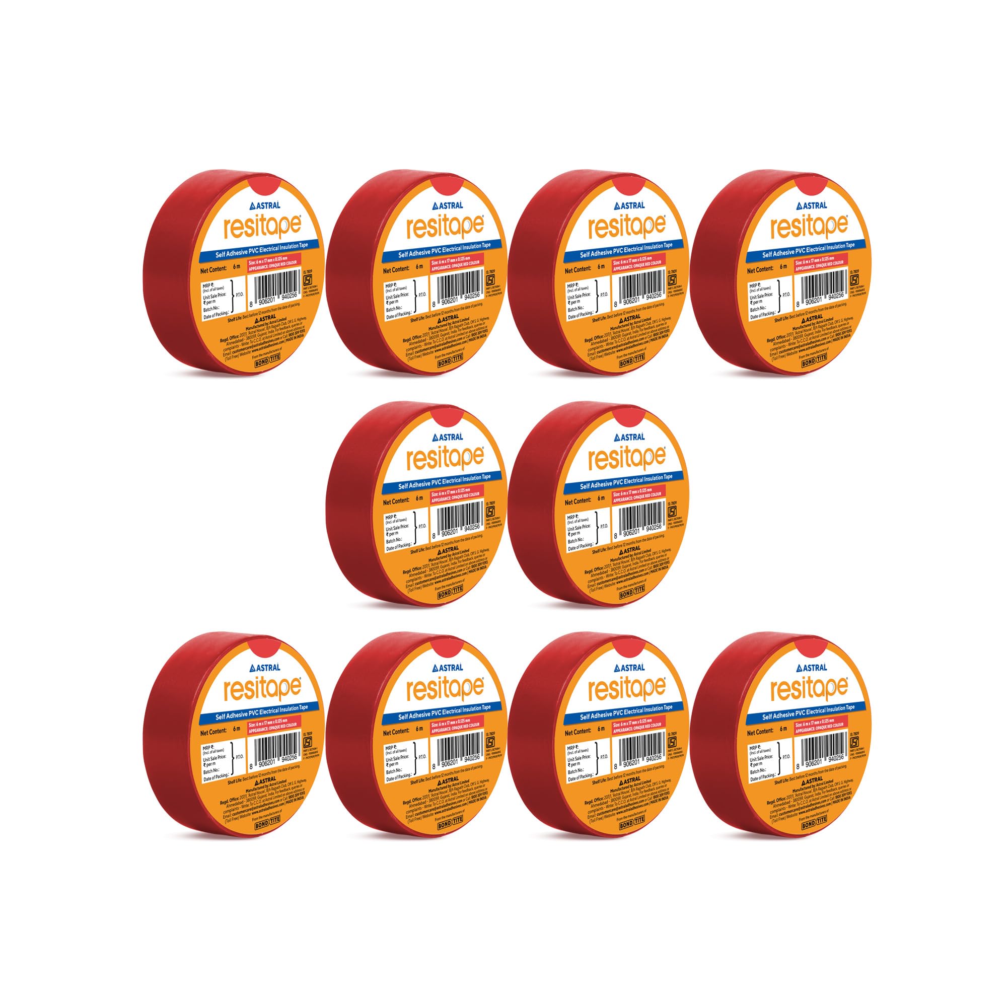 Astral Resitape PVC Insulation Tape, Red | 6 mtr x 17 mm x 0.125 mm| Pack of 10 | Fire-Retardant | Resistance to Moisture, Acid & Alkalies | Excellent Elasticity & Durability | Strong Grip & Adhesion