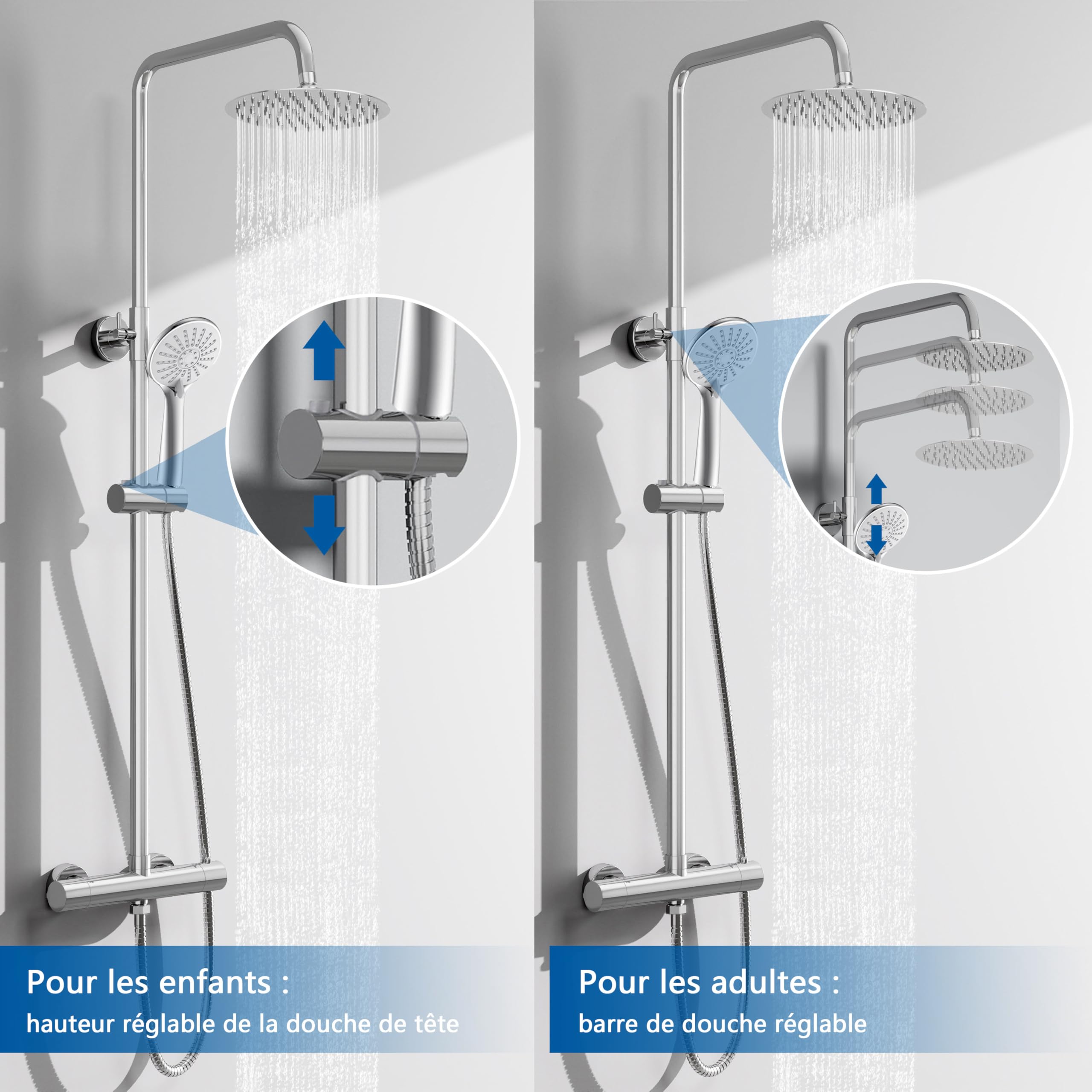 AICA Ensemble de Colonne de Douche Thermostatique pour Salle de Bain, Robinet de Douche Thermostatique en laiton, 3 Modes de Pulvérisation, Chromé, Hauteur Réglable 715 mm-1205 mm (argent)