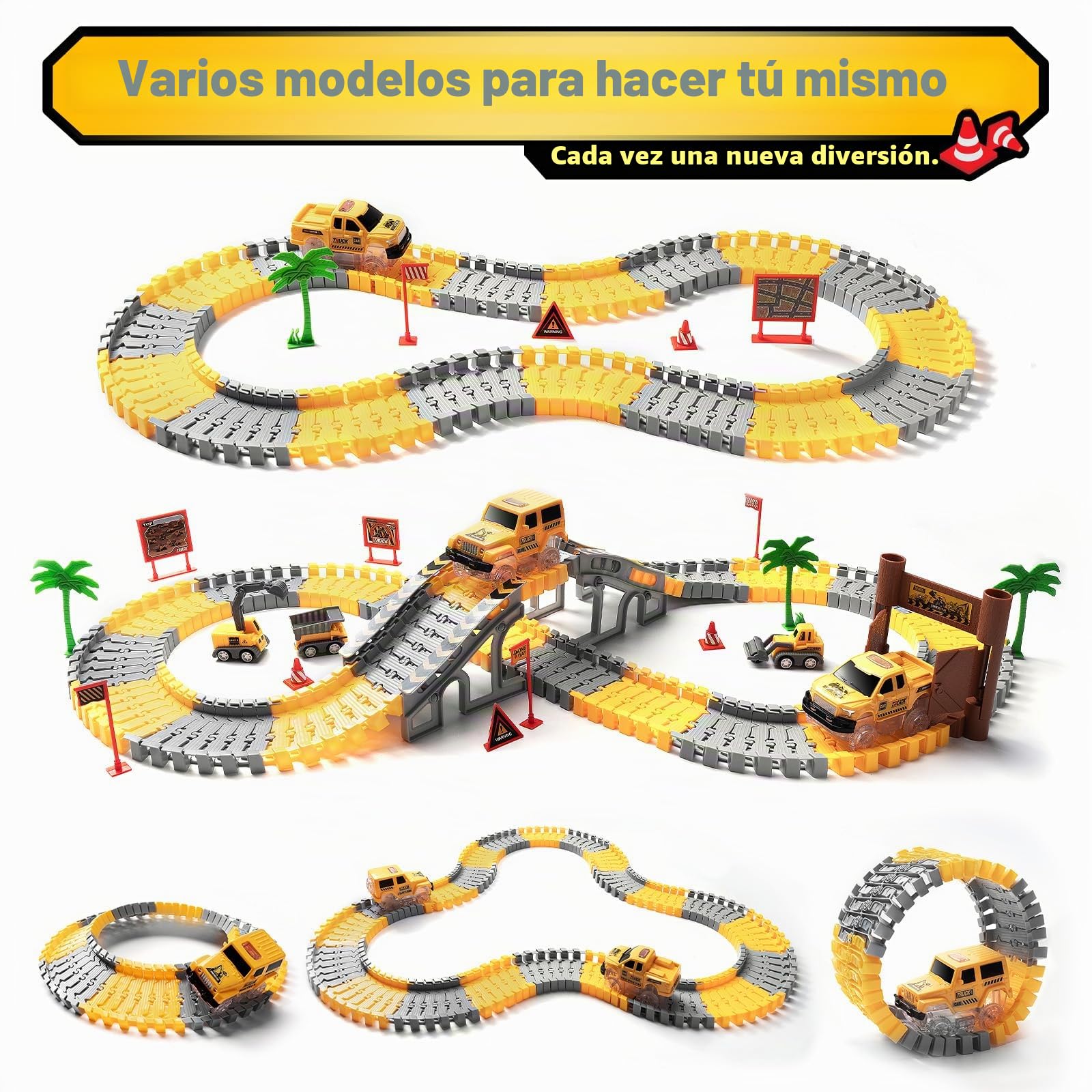 Coroiesty Pista de coches de 3 4 5 6 7 8 años, 264 piezas 5 excavadora juguete pista 2 eléctrico Glow, 3 camiones de construcción, juego de rieles flexibles DIY juegos grúas