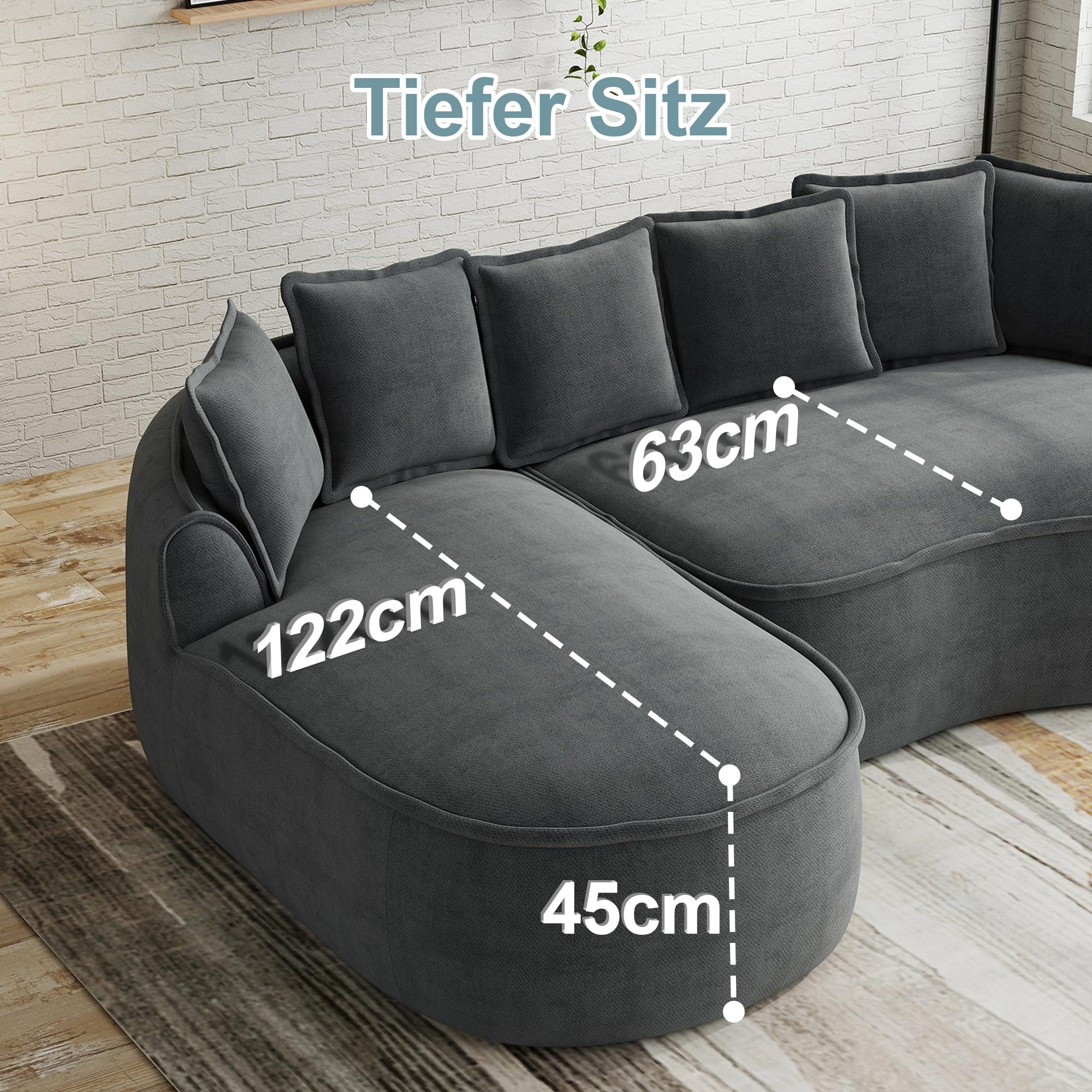 Bladez Frameless - Sofá modular de esquina en forma de L de chenilla, asiento extra profundo y chaise longue, sofá de suelo sin montaje, sofá curvo para salón (gris, 3 plazas
