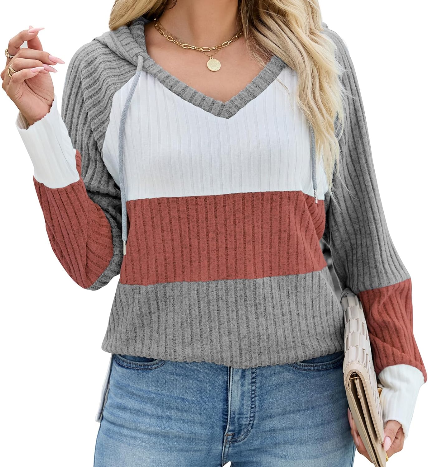 Sweaters for Women Fall Winter Color Block Tops Long Sleeve Hoodie Loose Casual Fashion Pullover Clothes - Image 2