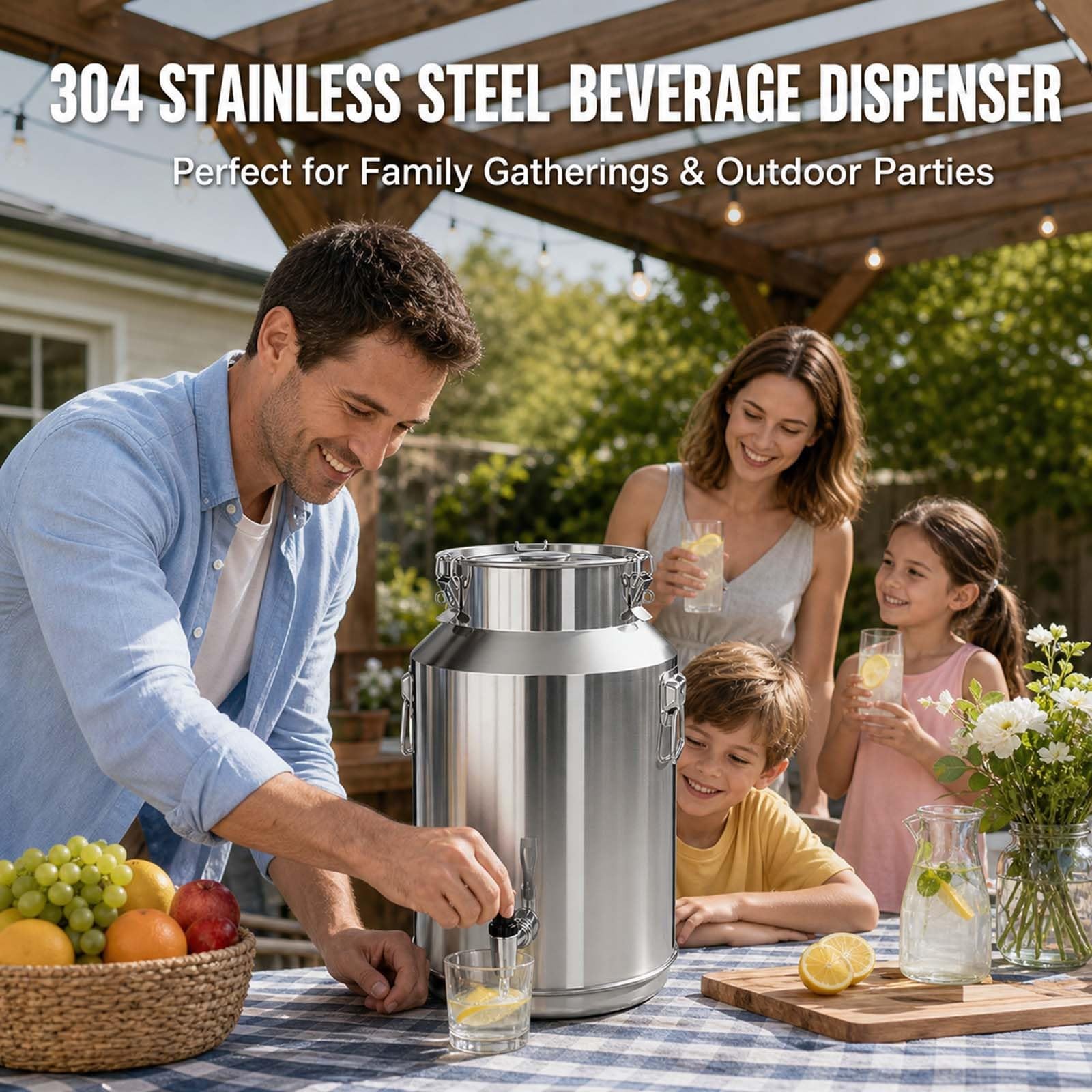 Dispensador de Bebidas Independiente de Acero Inoxidable 304, 5L-88L Cubo Dispensador de Agua con Tapa Hermética y Grifo, Cántaro de Leche Antifugas para Jugo Vino Agua