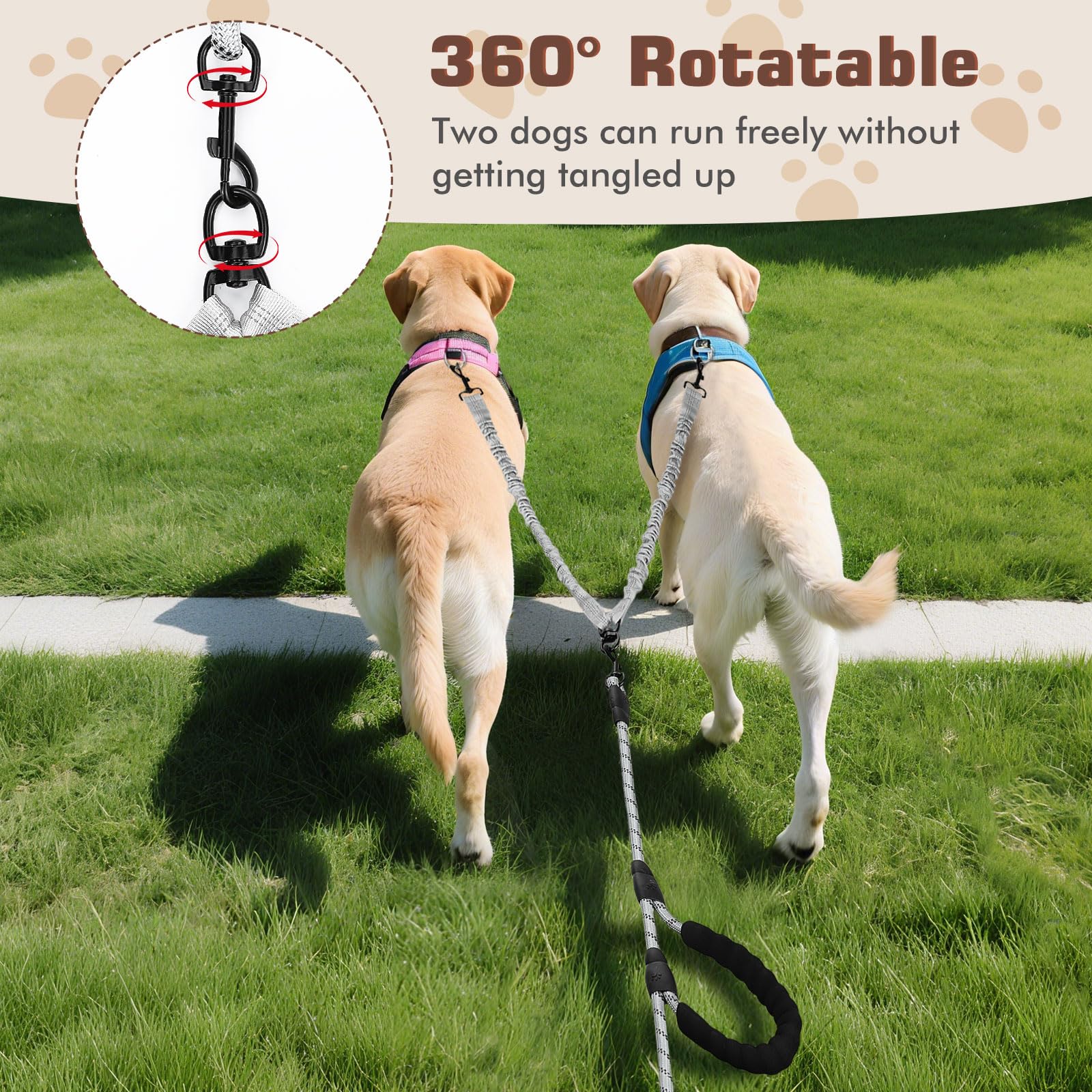 Tivray Double Dog Leash, Dual Dog Leash, 360° Swivel No Tangle Lead for 2 Medium or Large Breeds with Sponge Padded Handles - Image 3