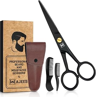 WAJEES Mustache & Beard Scissors for Men - Professional 5" Sharp Stainless Steel Kit with Comb & Leather Case for Precise Facial Hair Trimming