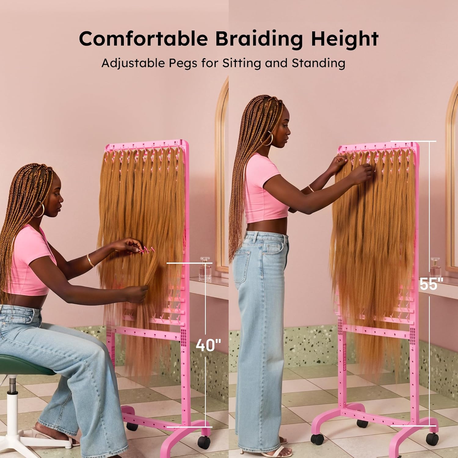 Adjustable Braiding Rack 280 Pegs, 2-Sided Braiding Hair Rack for Braiders, Standing with Wheels, Pink Hair Separator for Stylists