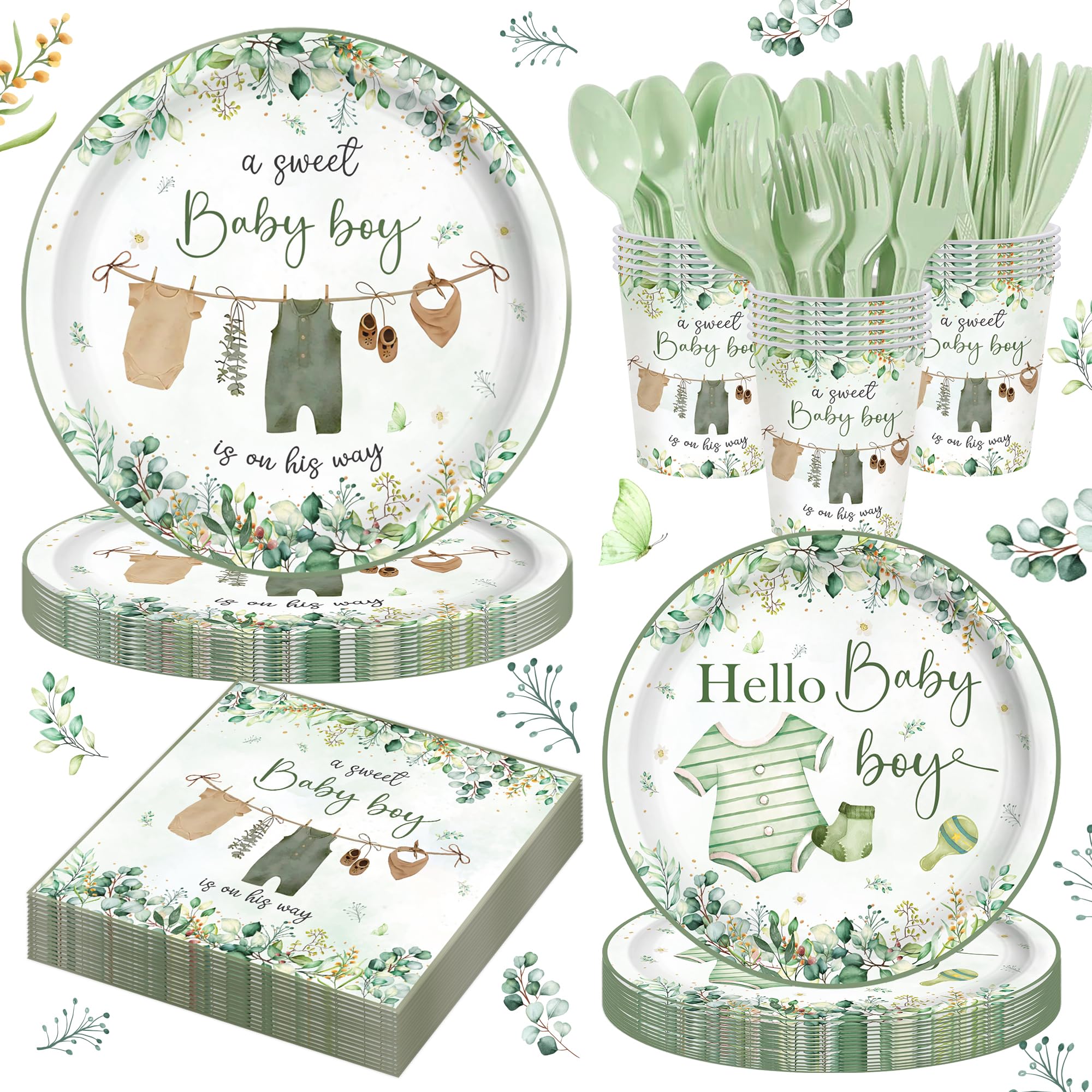 Photo 1 of 140PCS Greenery Baby Boy Shower Decorations Tableware Set, Boho Greency Party Decorations Tableware Set Dessert Plates Napkins Forks for 20 Guests
