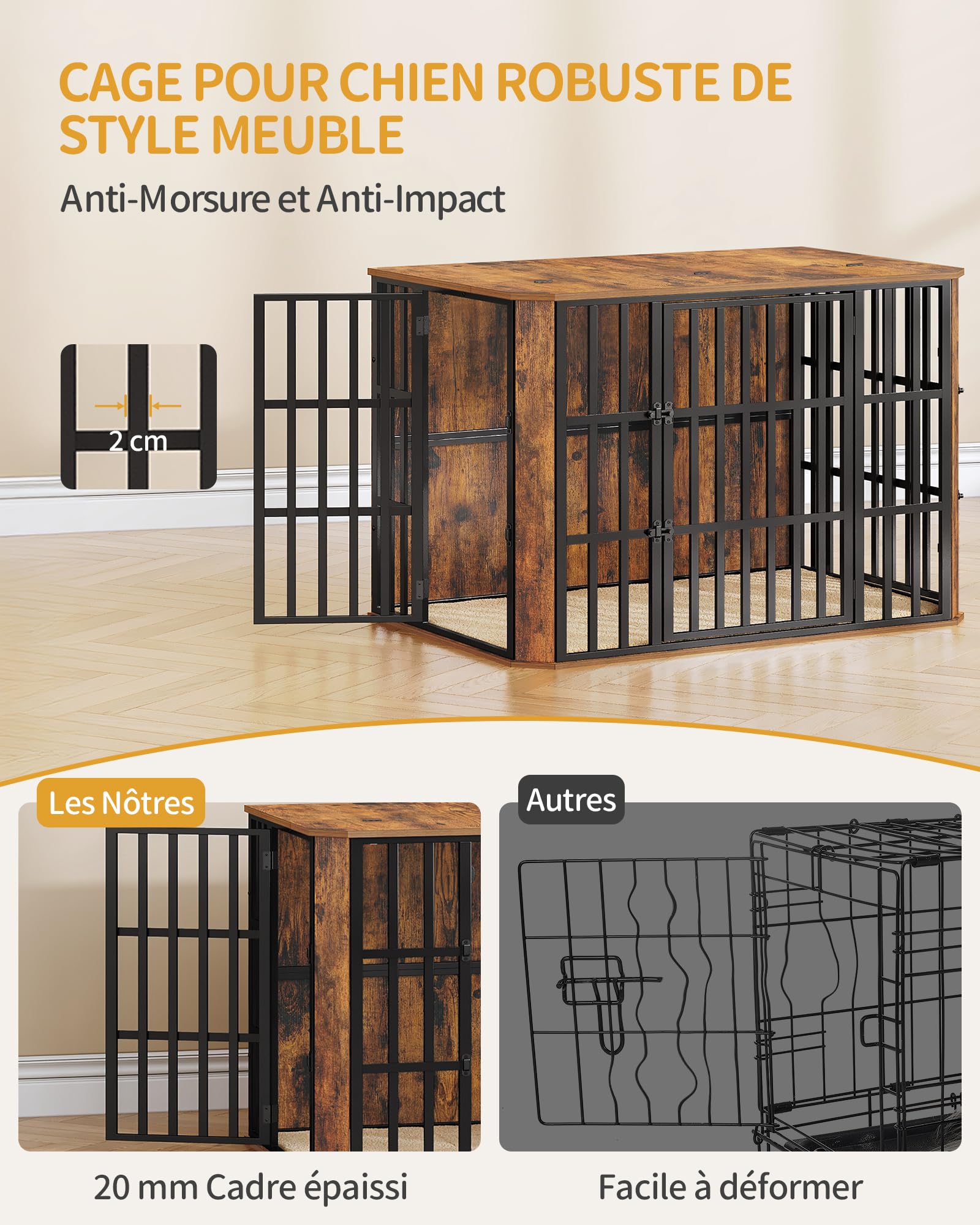 Hzuaneri Cage pour Chien, Heavy Cage en Bois avec Porte d'alimentation Supérieure, Design Multi-Portes, Grande Table d'appoint pour Cages pour Chien, 120 x 75 x 81 cm, Marron Rustique DFC86801B