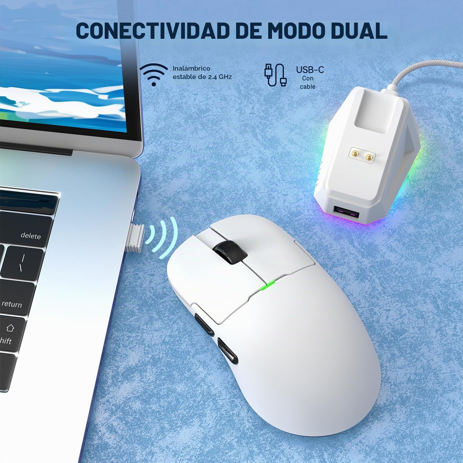 MAGIC-REFINER X AJAZZ Ratón Inalámbrico para Juegos AJ159P Superlight con Base De Carga Magnética RGB, 2.4G/USB-C, Sensor PAW3395, 26000DPI, 6 Botones Programables, Batería De 200 Horas para PC/Mac
