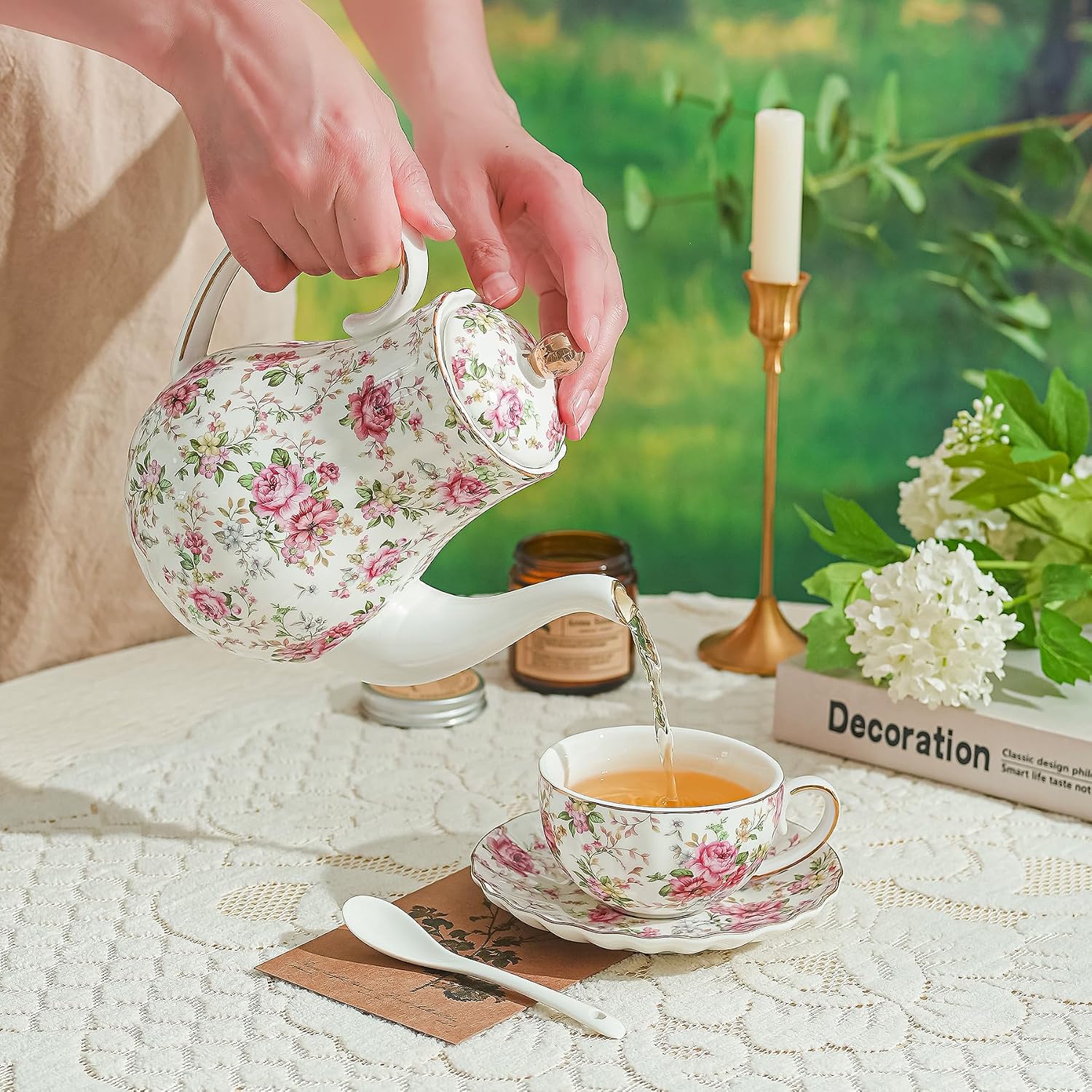 Ceramic Floral Cup and Saucer Set with Gift Box,5.1oz Tea Cup for Coffee,Tea (Deep Pink Flower)